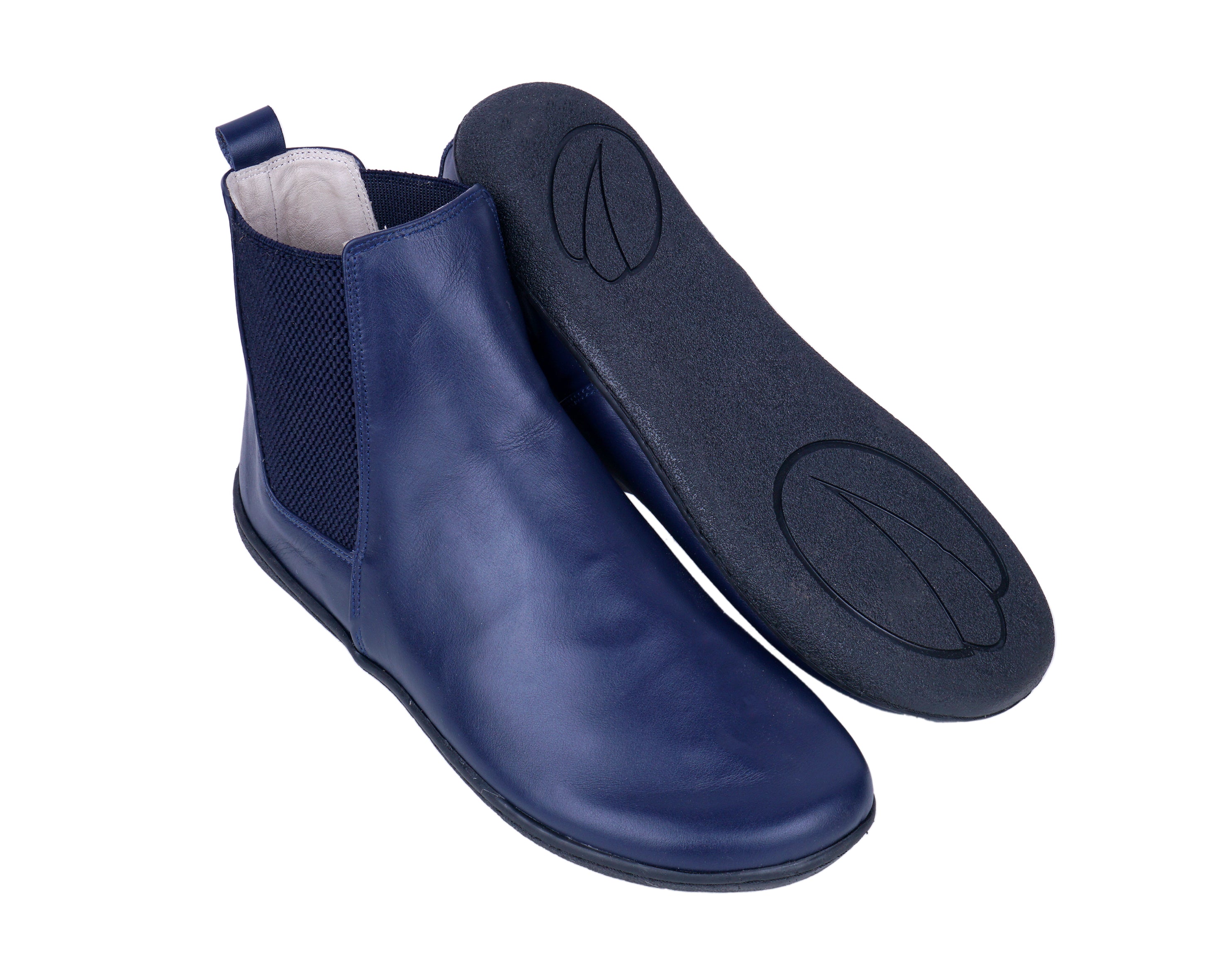 Navy Blue Chelsea Boots Wide Barefoot Shoes Smooth Leather Handmade 6mm Rubber Outsole 