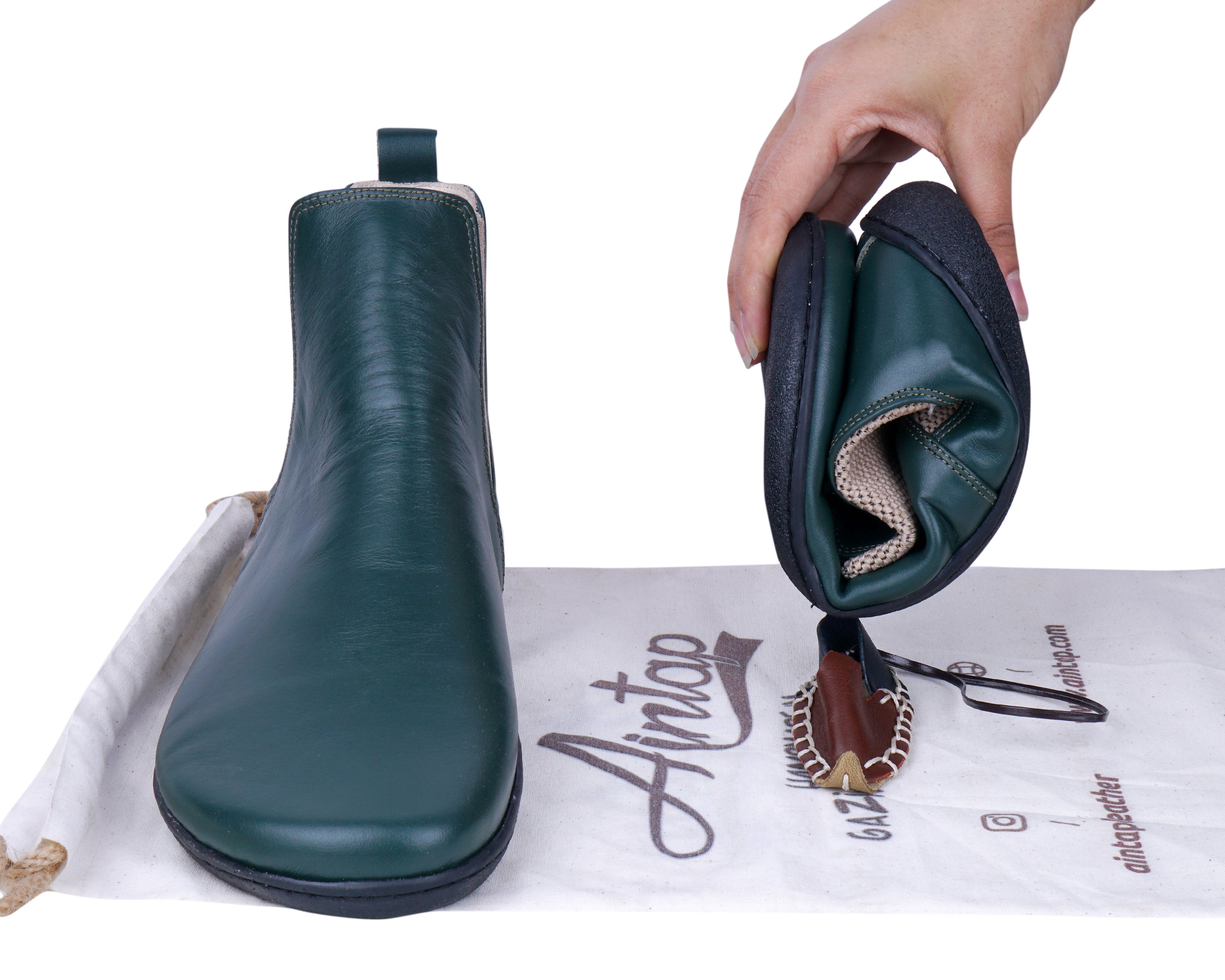 Green Chelsea Boots Wide Barefoot Shoes Smooth Leather Handmade 6mm Rubber Outsole