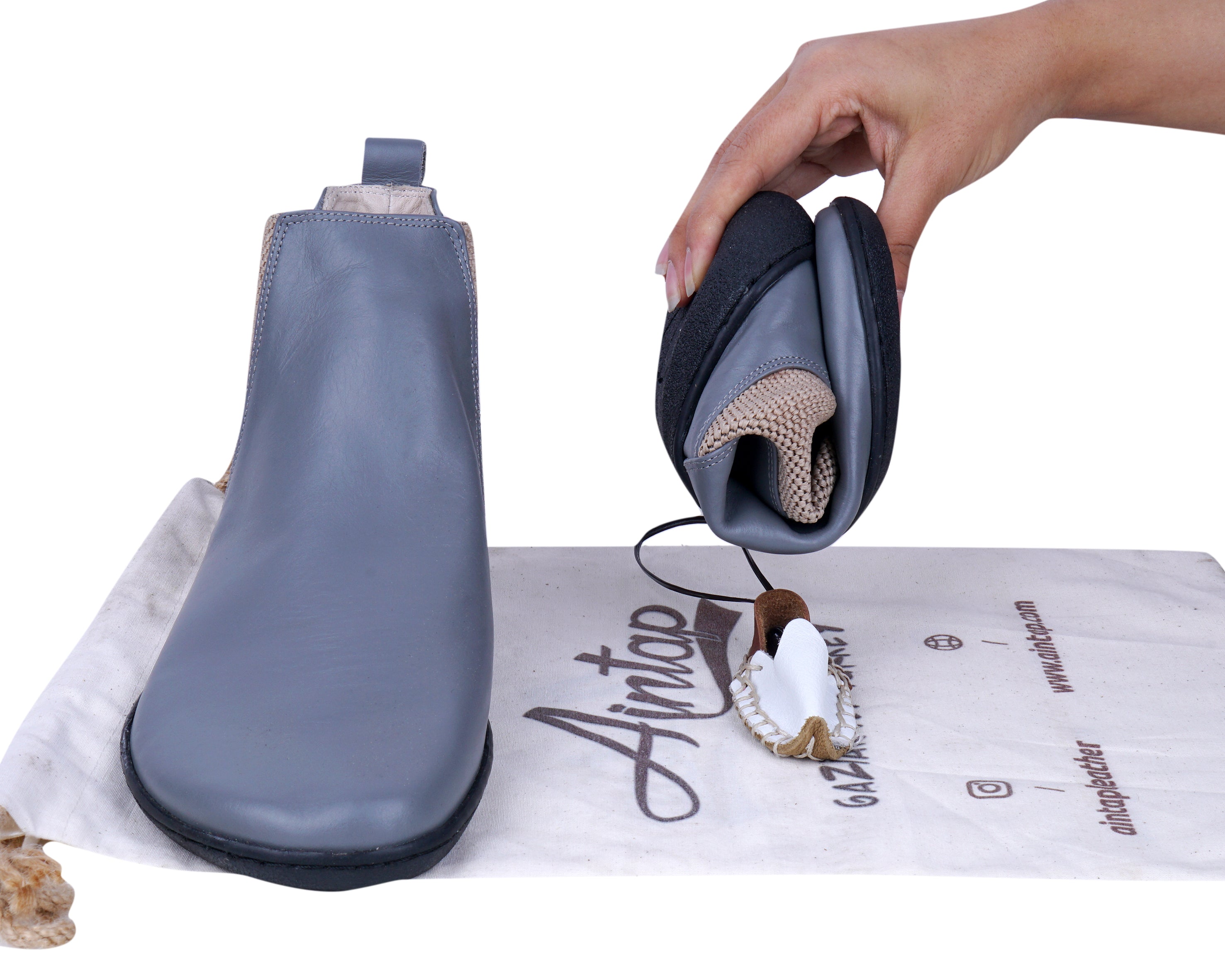 Gray Chelsea Boots Wide Barefoot Shoes Smooth Leather Handmade 6mm Rubber Outsole 