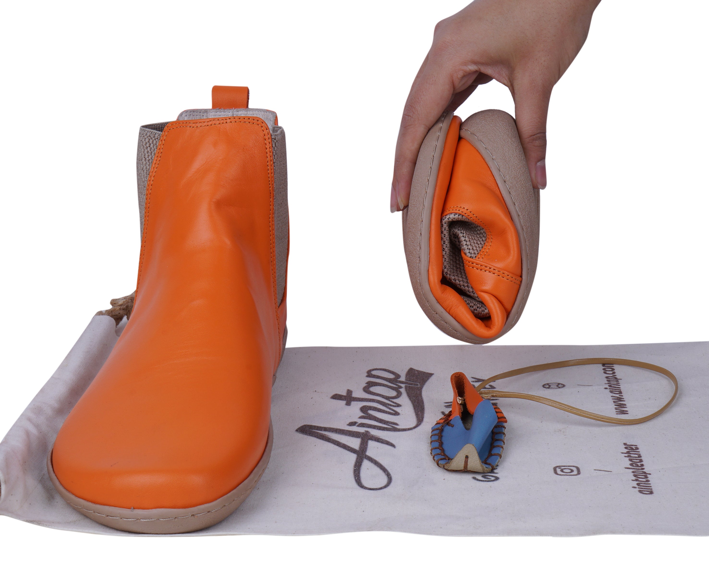 Orange Chelsea Boots Wide Barefoot Shoes Smooth Leather Handmade 6mm Rubber Outsole 