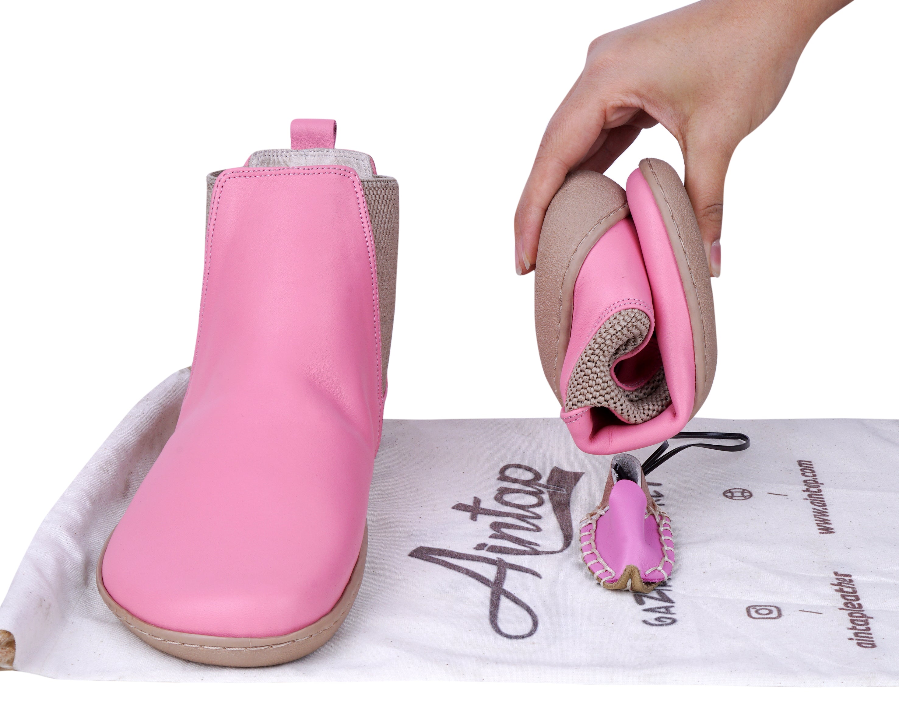 Pink Chelsea Boots Wide Barefoot Shoes Smooth Leather Handmade 6mm Rubber Outsole 