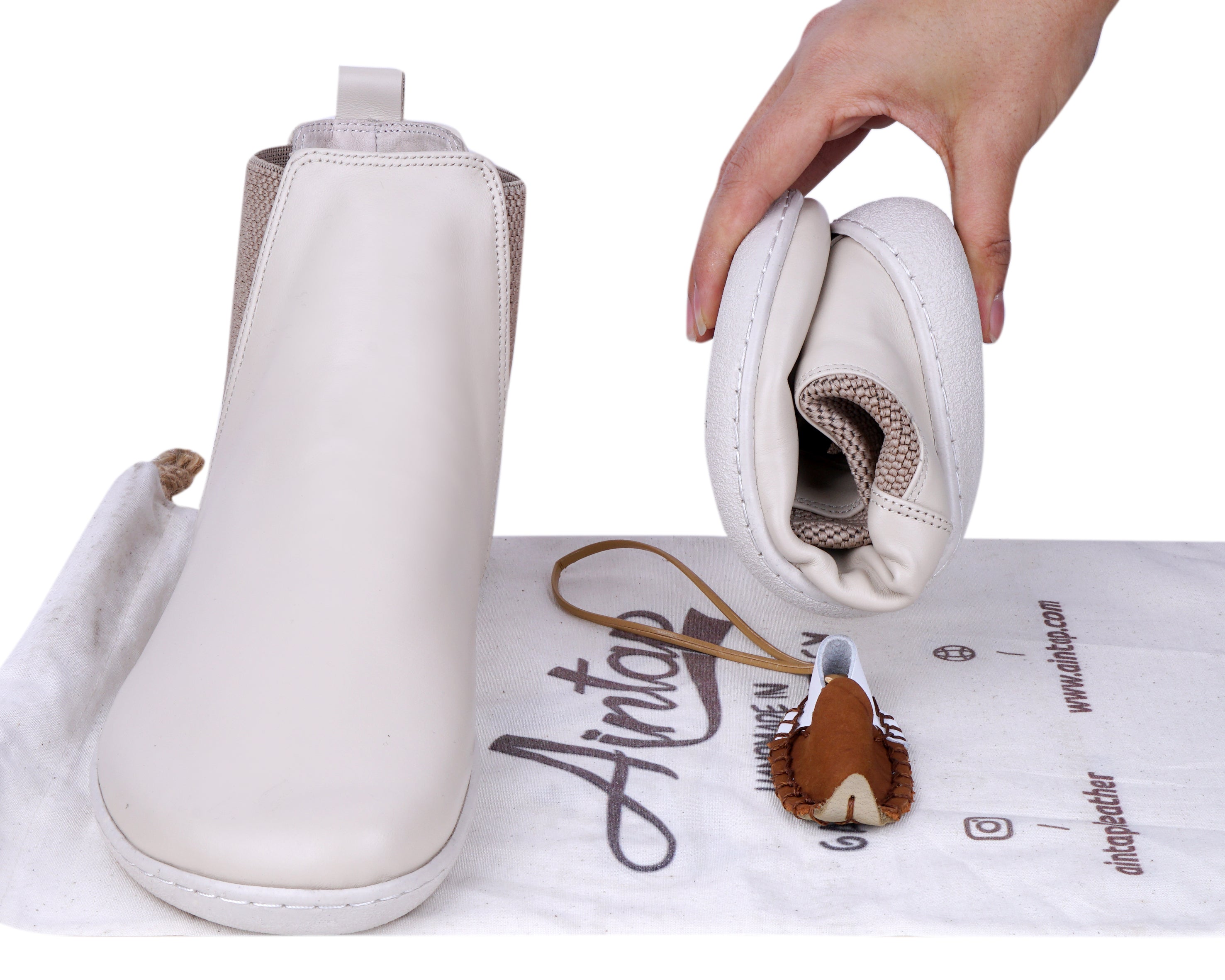 Cream Chelsea Boots Wide Barefoot Shoes Smooth Leather Handmade 6mm Rubber Outsole 