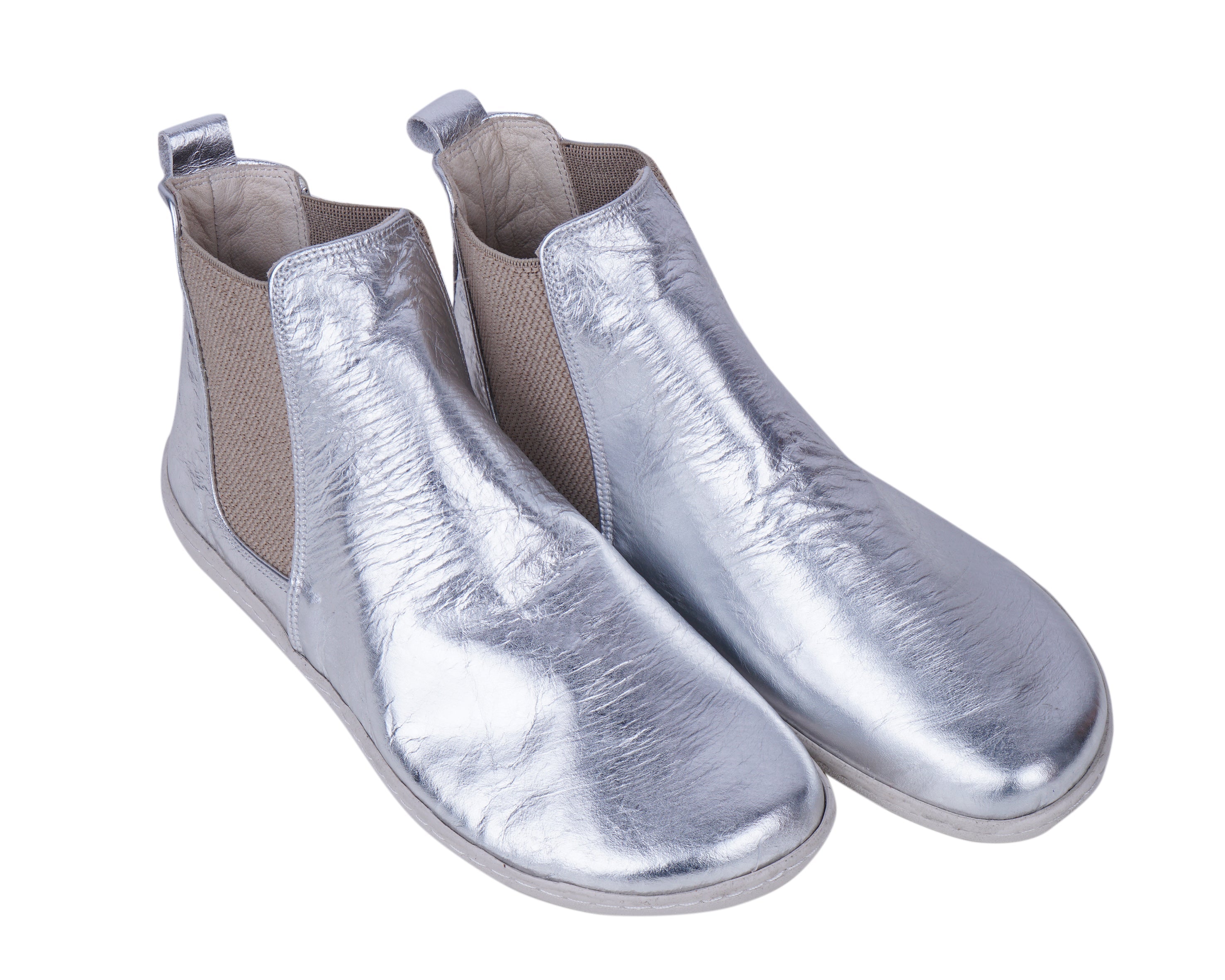 Sılver Chelsea Boots Wide Barefoot Shoes Smooth Leather Handmade 6mm Rubber Outsole 