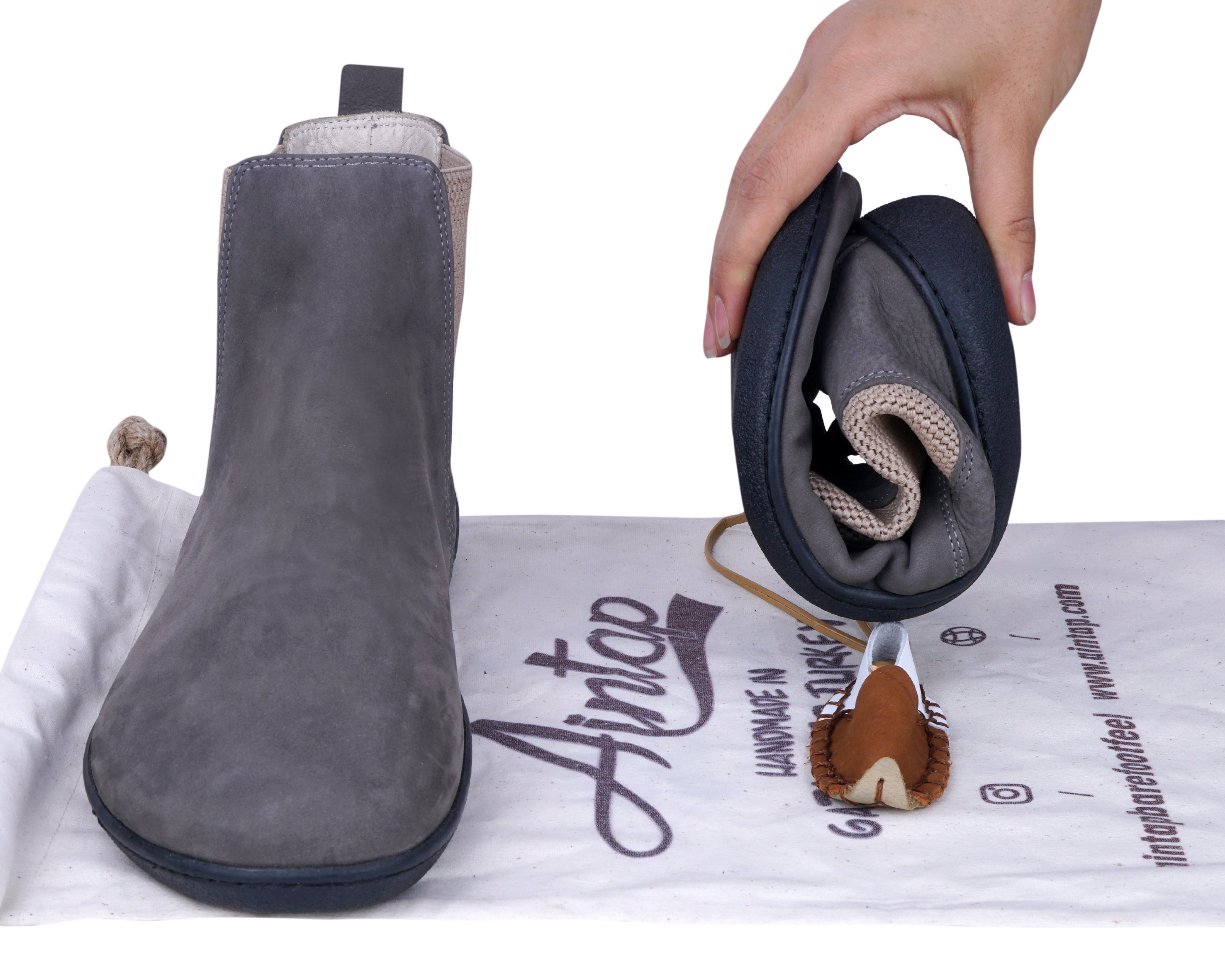 Gray Chelsea Boots Wide Barefoot Shoes Nubuck Leather Handmade 6mm Rubber Outsole 