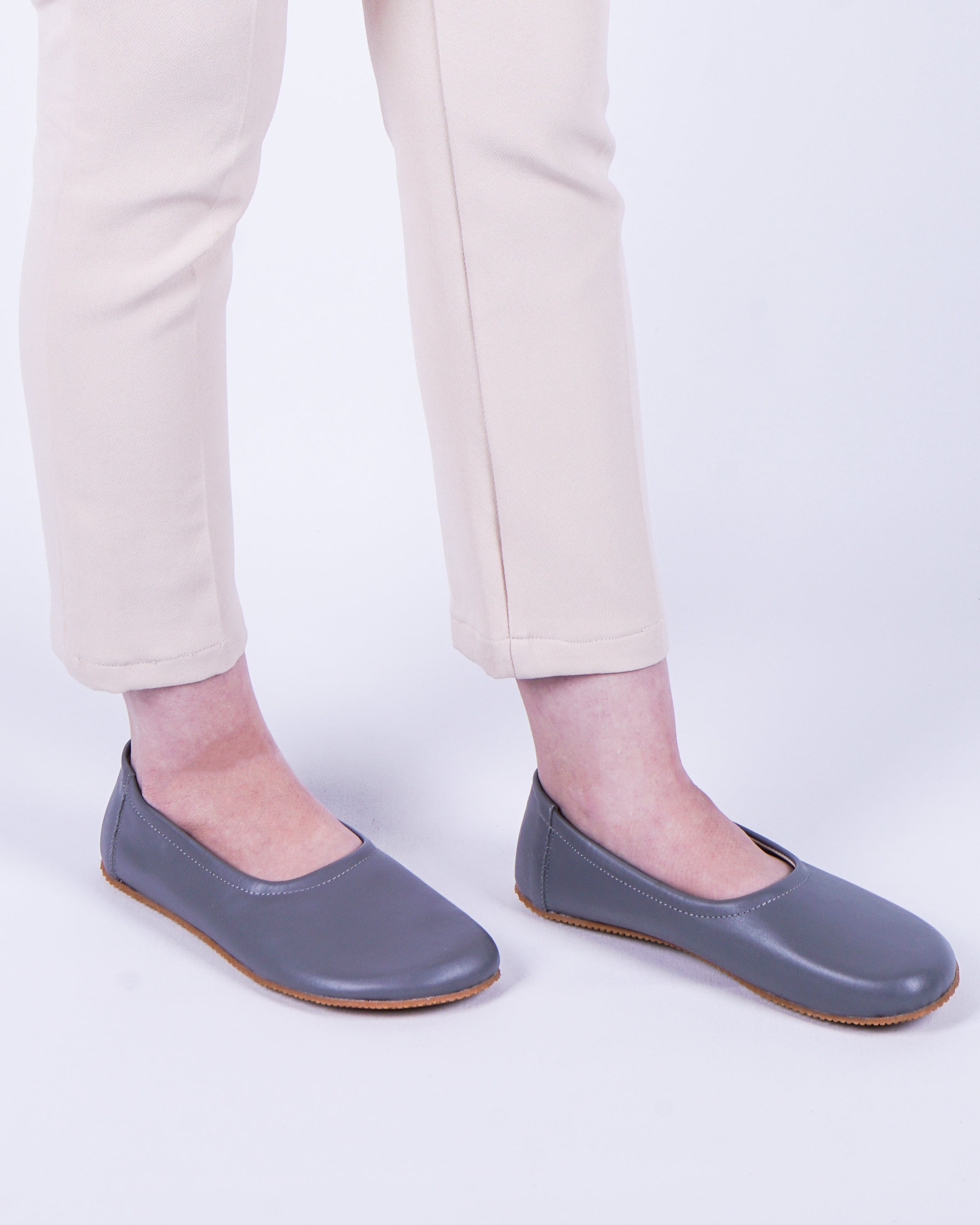 Gray Women Flat Ballets Wide Barefoot Smooth Leather Handmade 