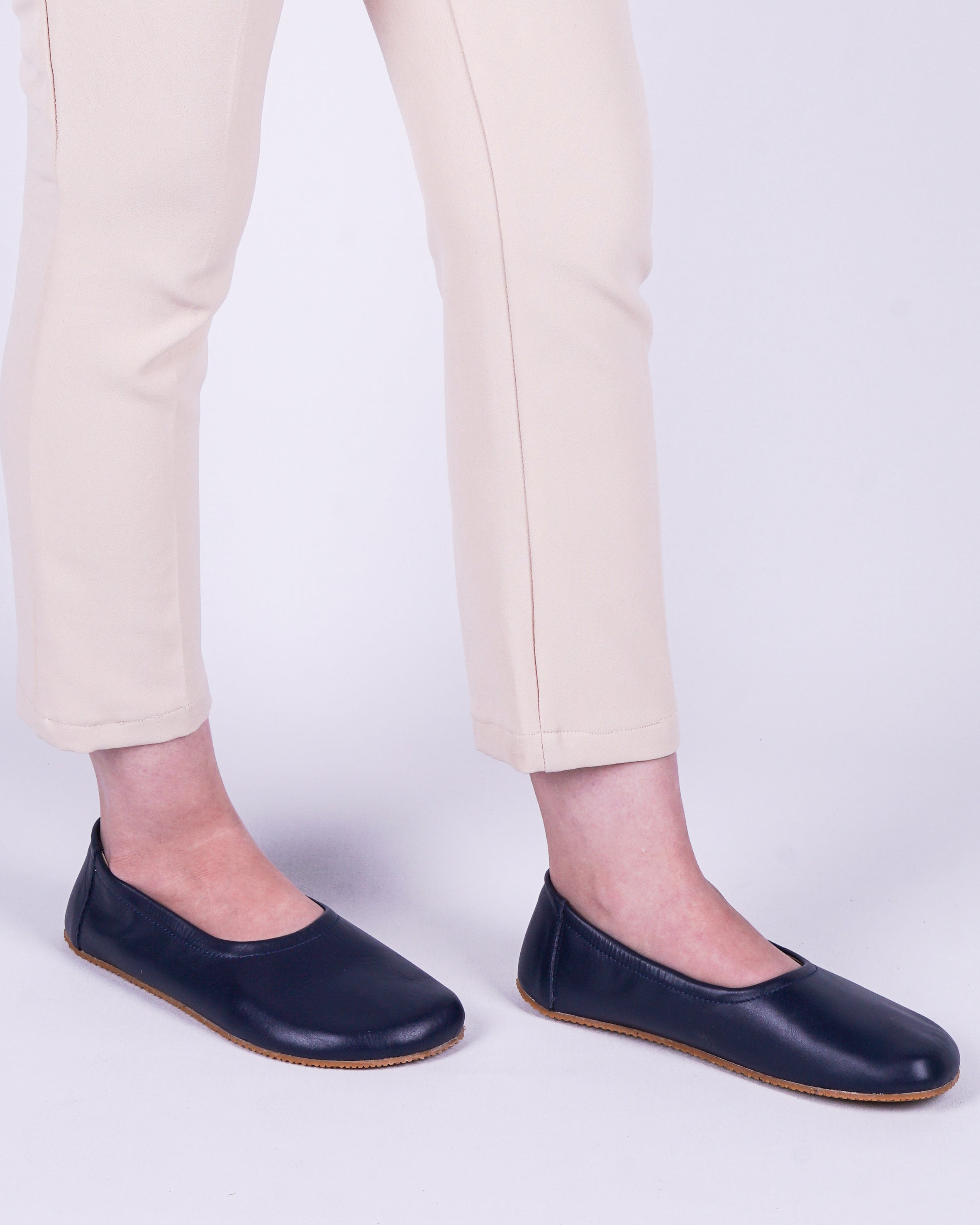 Navy Blue Women Flat Ballets Wide Barefoot Smooth Leather Handmade 