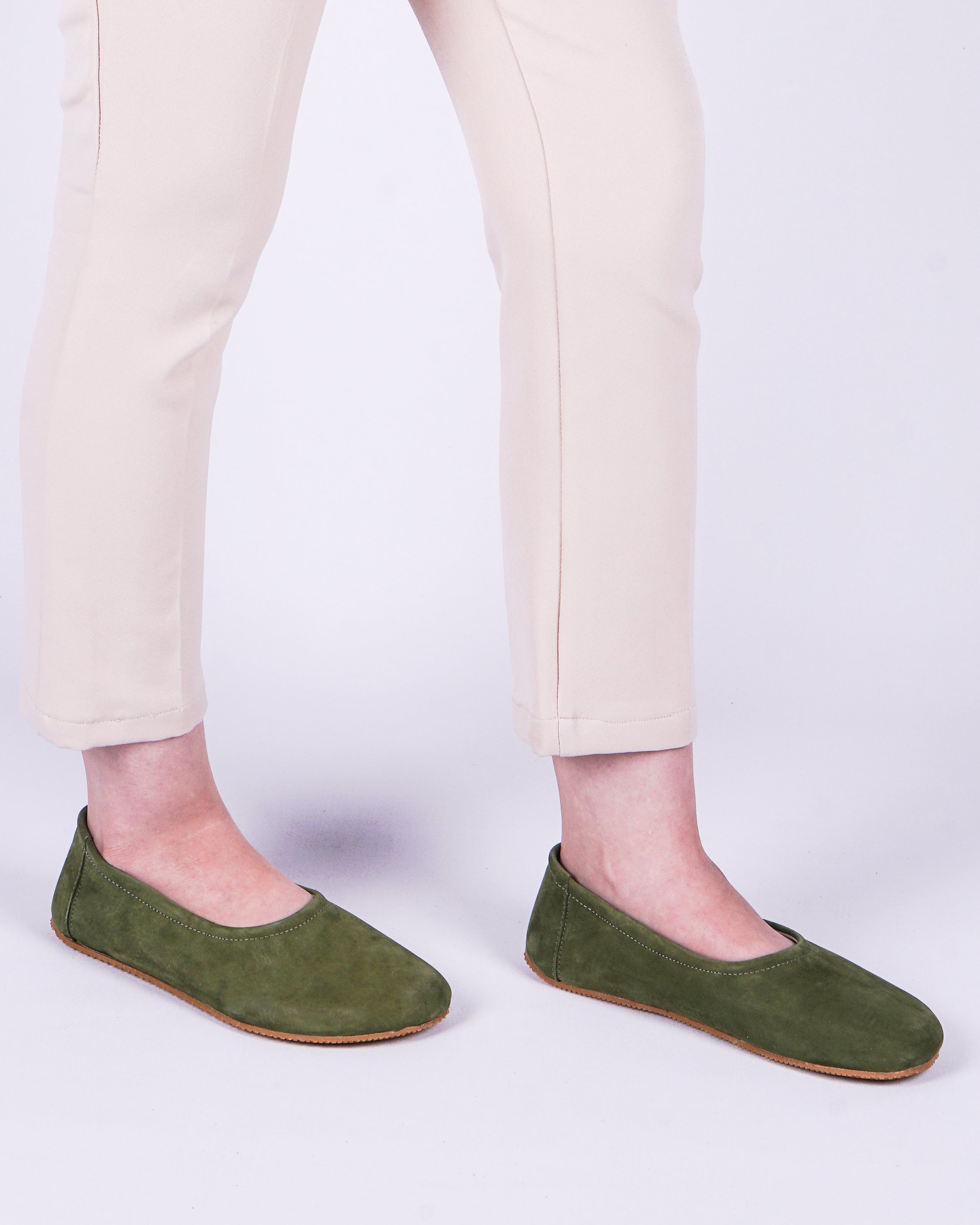 Green Women Flat Ballets Wide Barefoot Nubuck Leather Handmade 