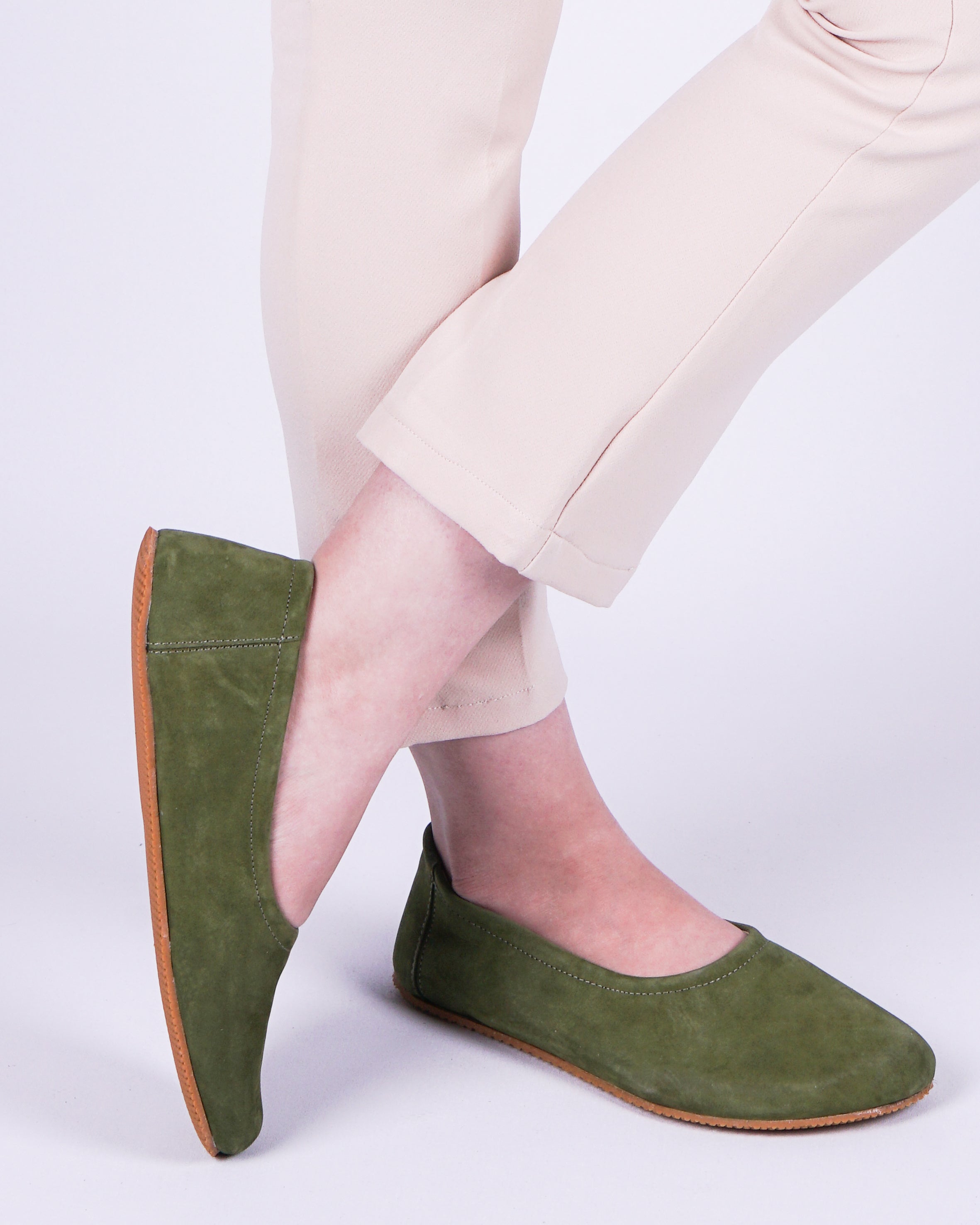 Green Women Flat Ballets Wide Barefoot Nubuck Leather Handmade