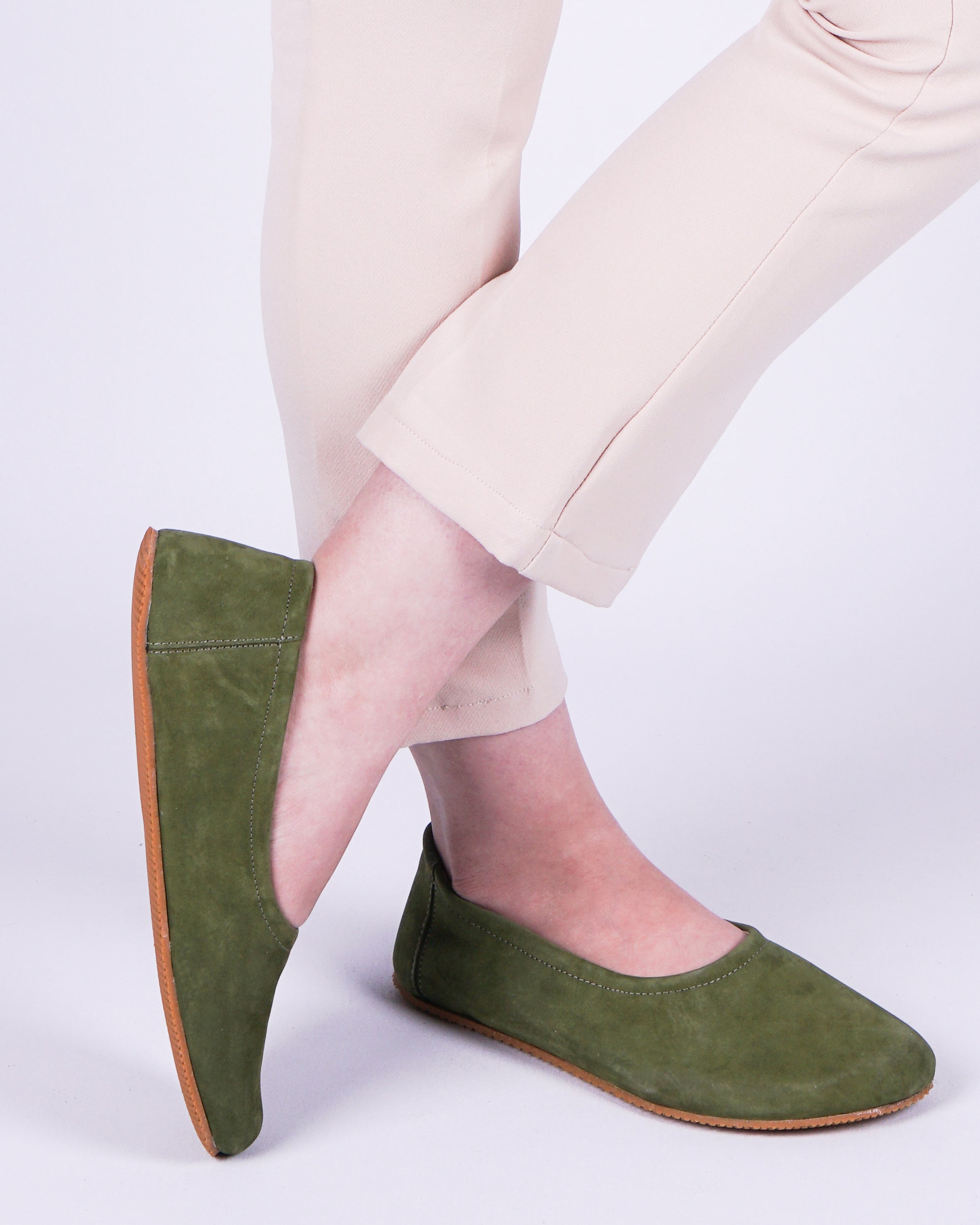 Green Women Flat Ballets Wide Barefoot Nubuck Leather Handmade 