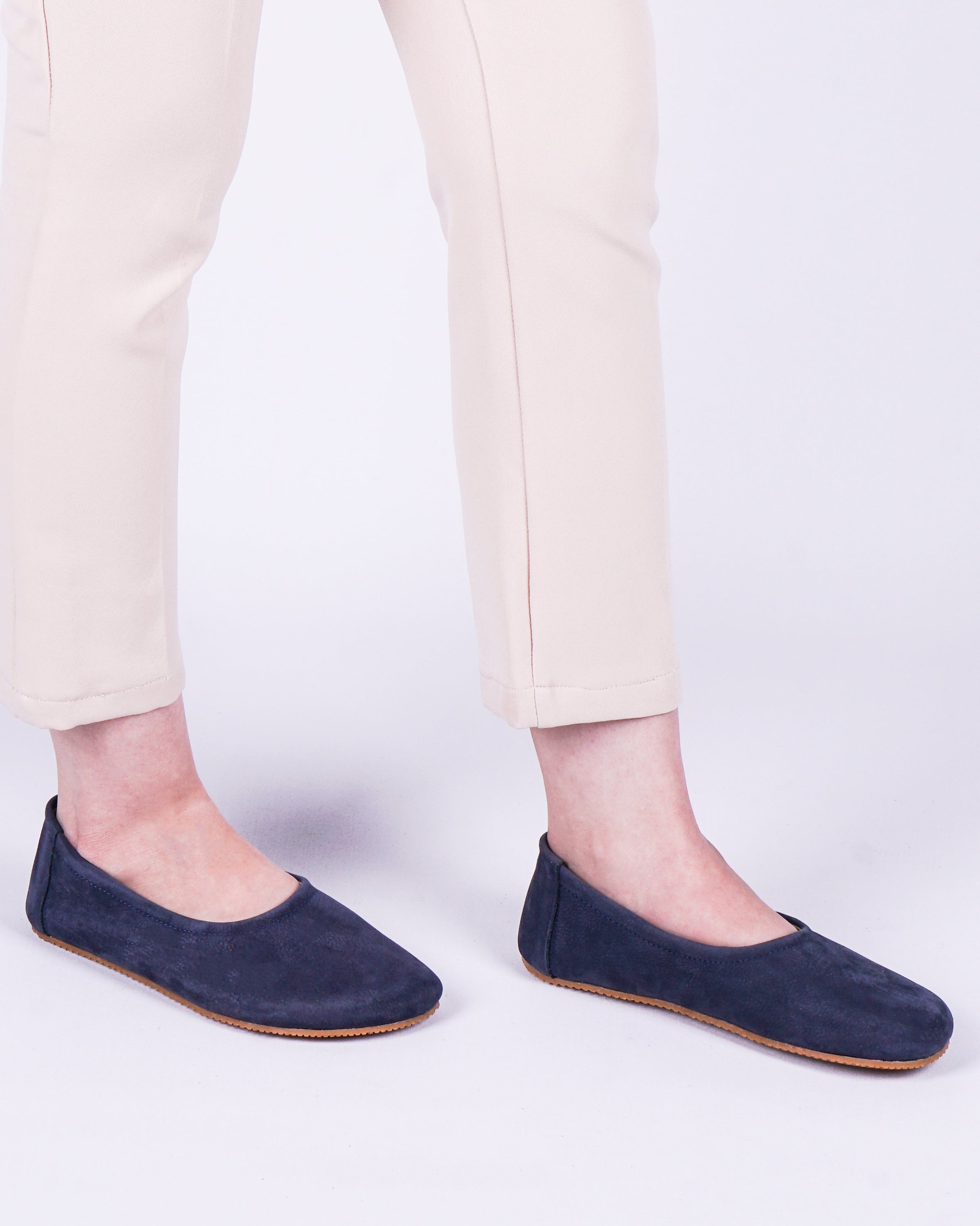 Navy Blue Women Flat Ballets Wide Barefoot Nubuck Leather Handmade 