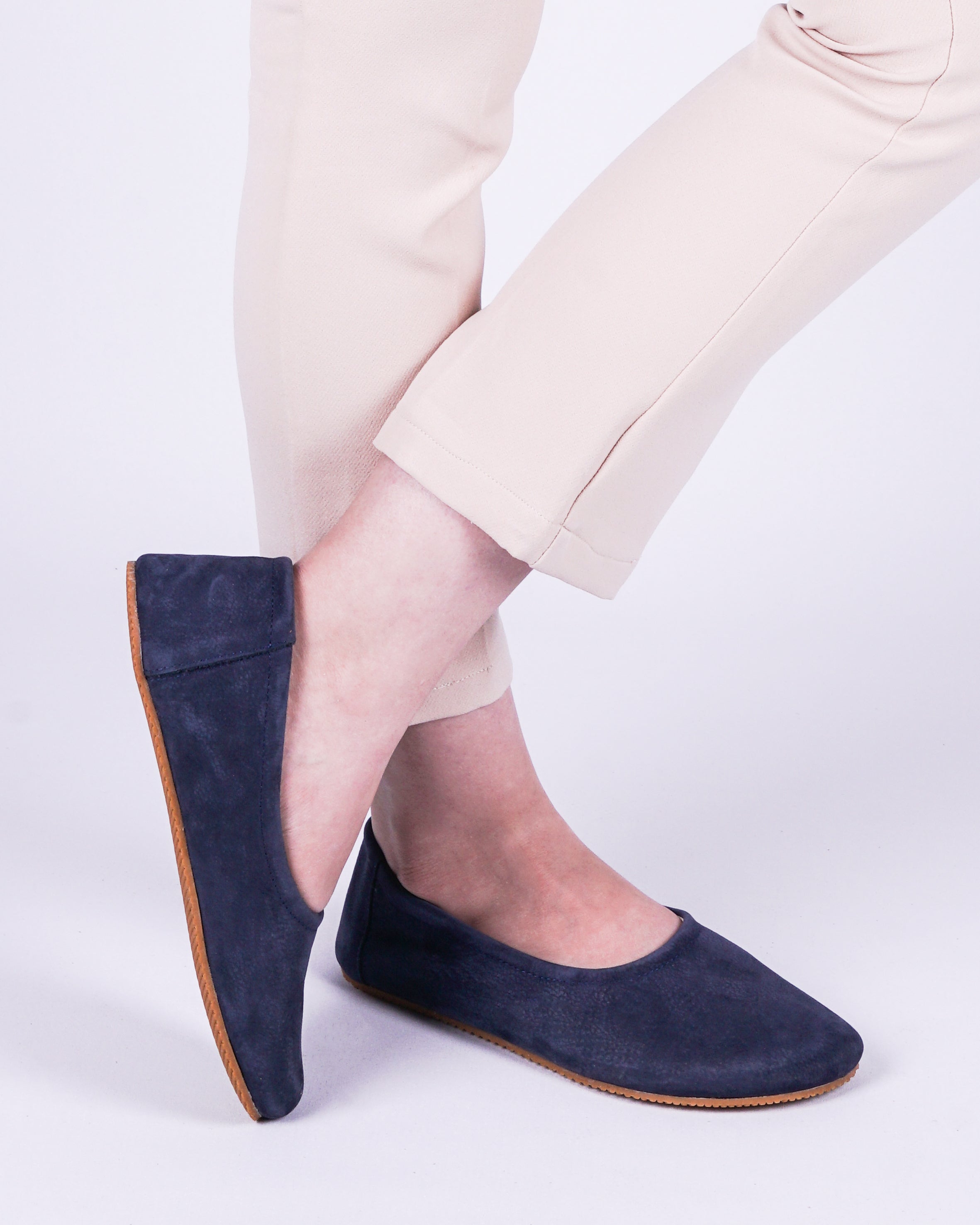 Navy Blue Women Flat Ballets Wide Barefoot Nubuck Leather Handmade 