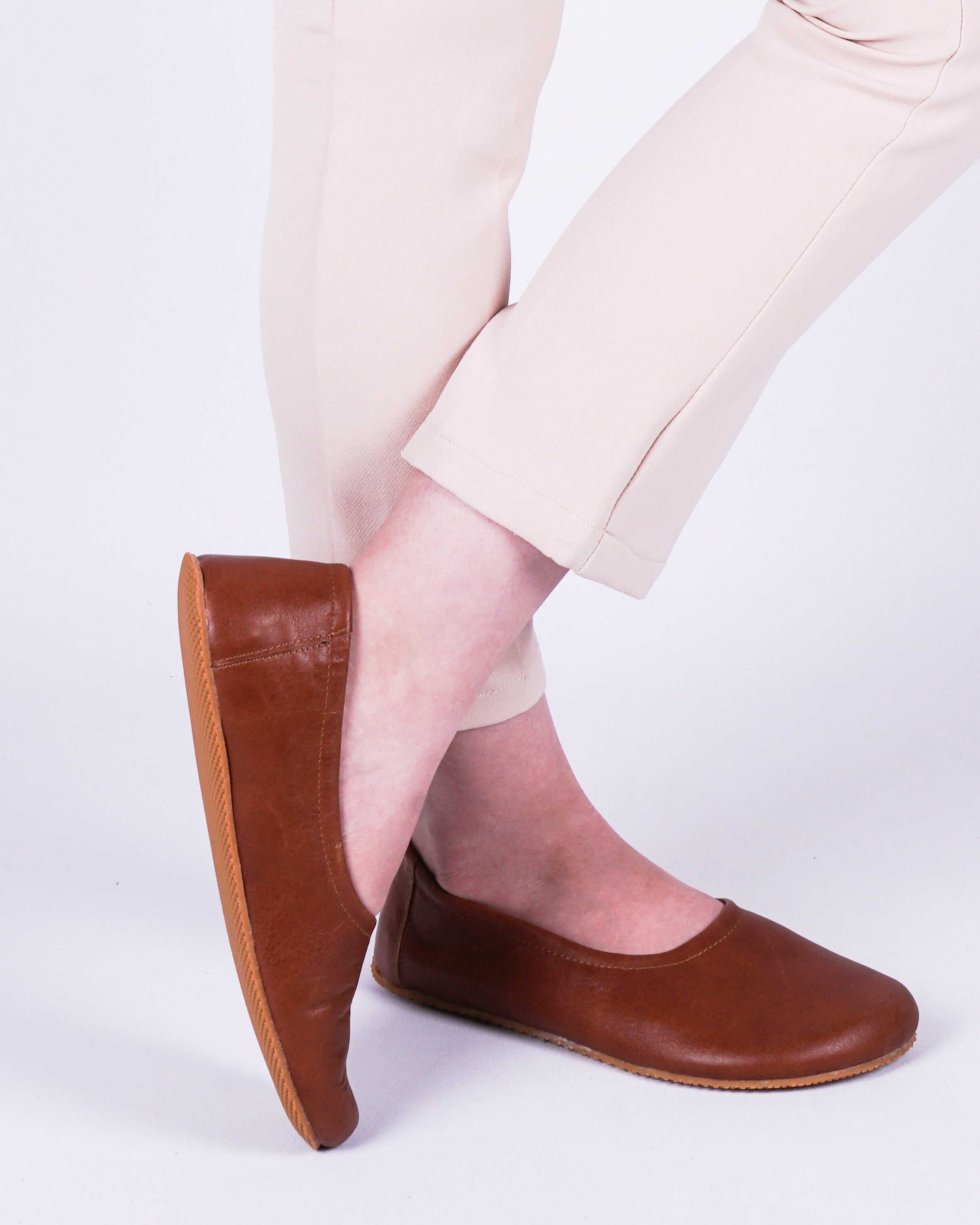 Brown Women Flat Ballets Wide Barefoot Smooth Leather Handmade 