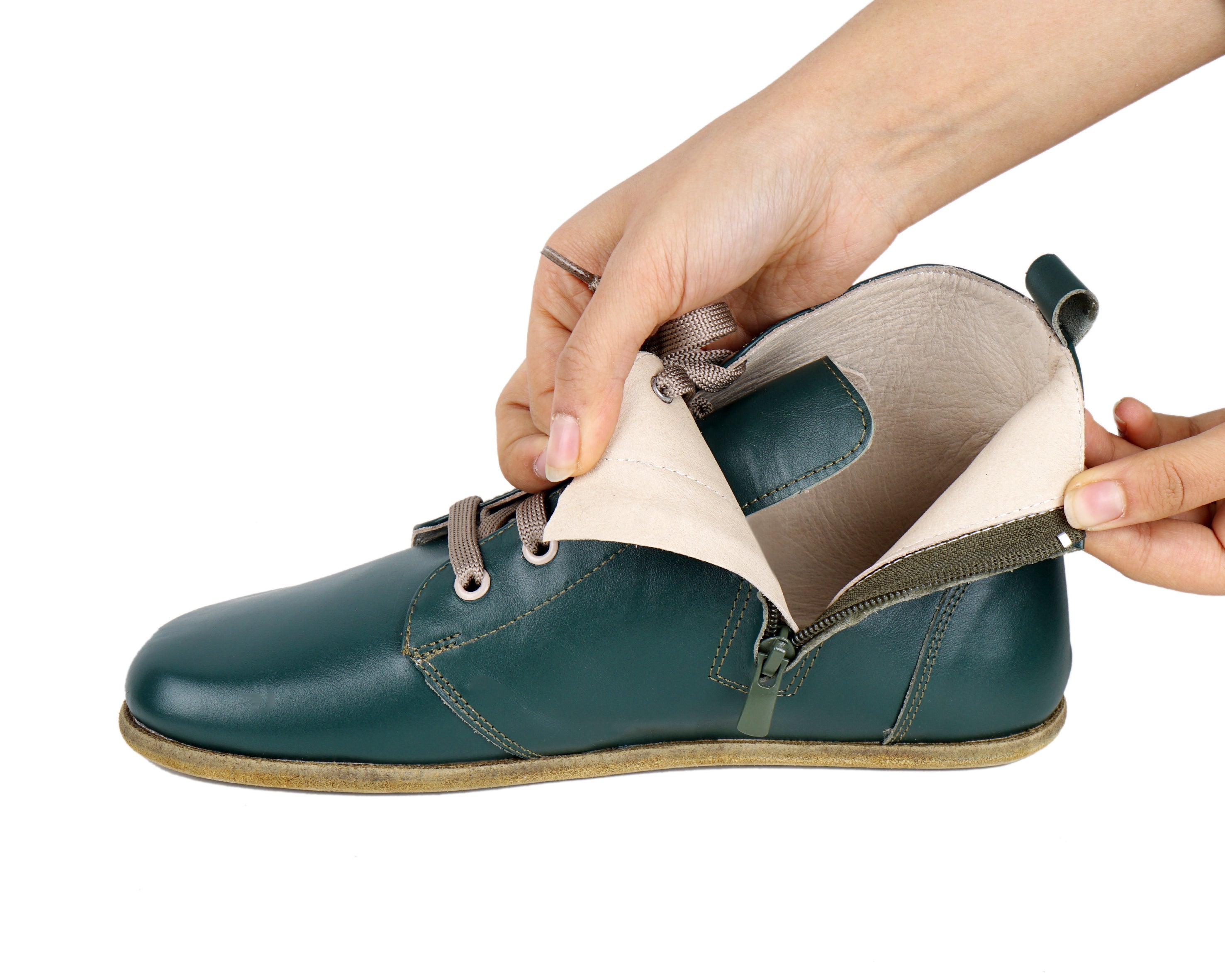 Green Short Boots Wide Barefoot Smooth Leather Handmade Shoes 