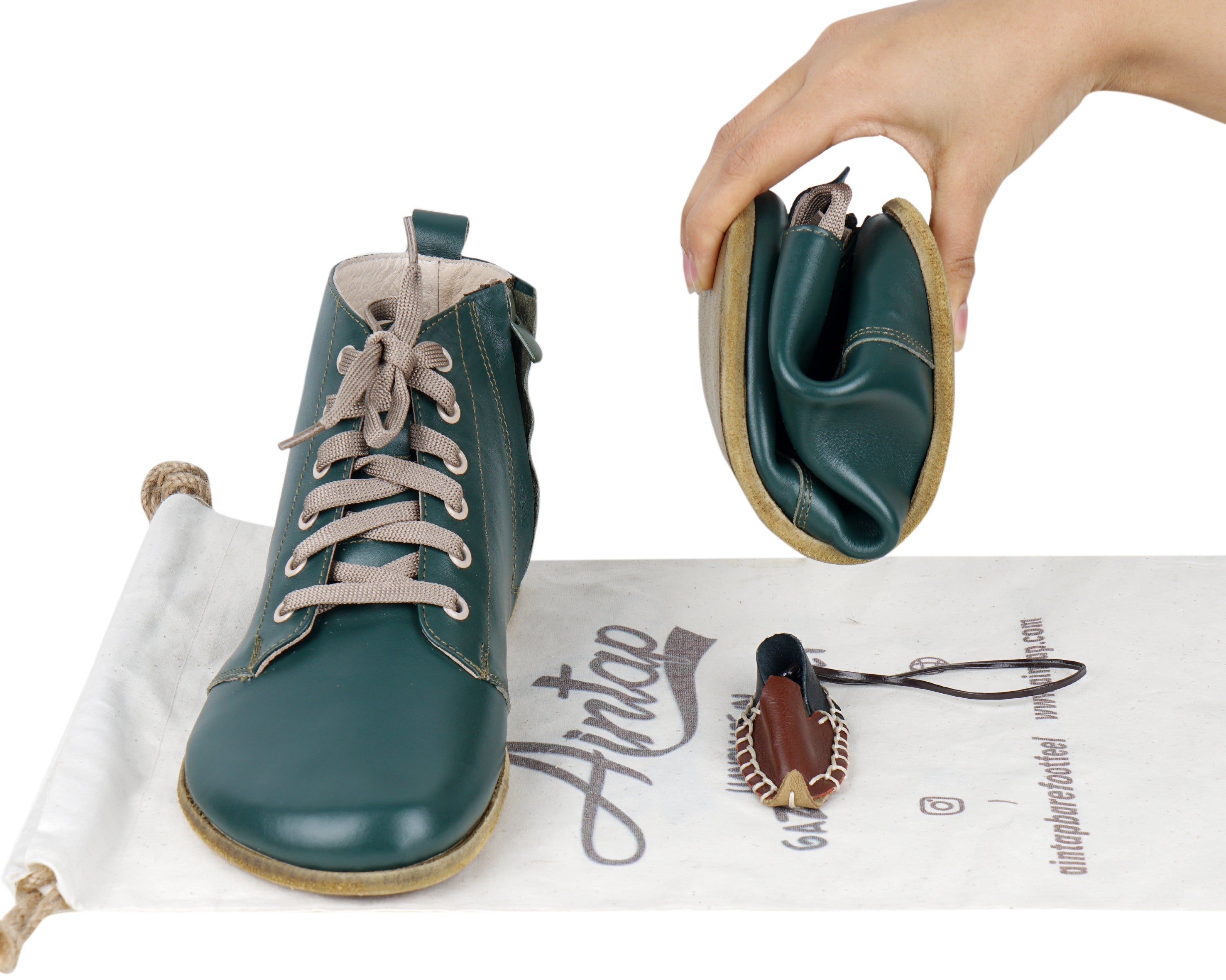 Green Short Boots Wide Barefoot Smooth Leather Handmade Shoes 