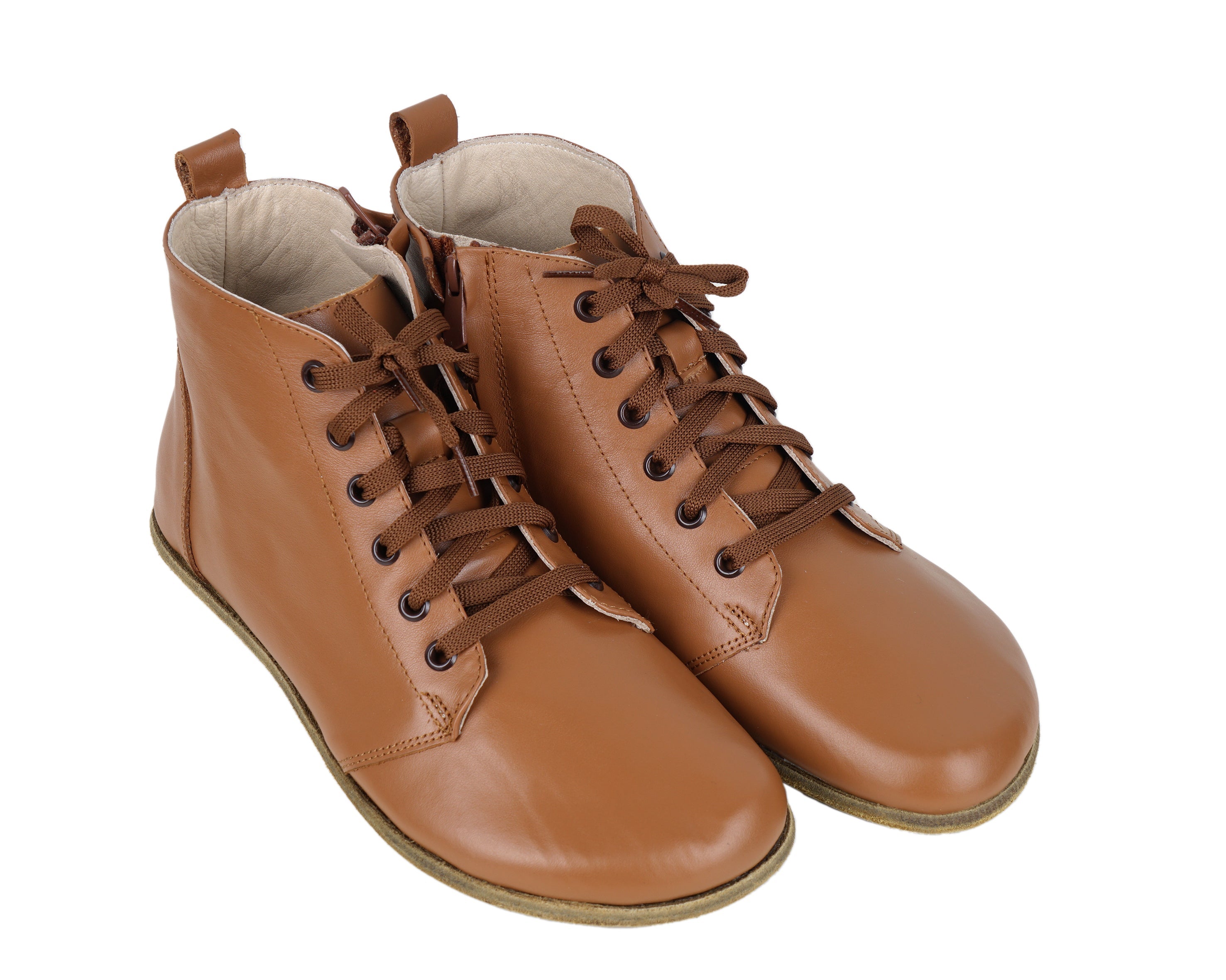 Tan Short Boots Wide Barefoot Smooth Leather Handmade Shoes 