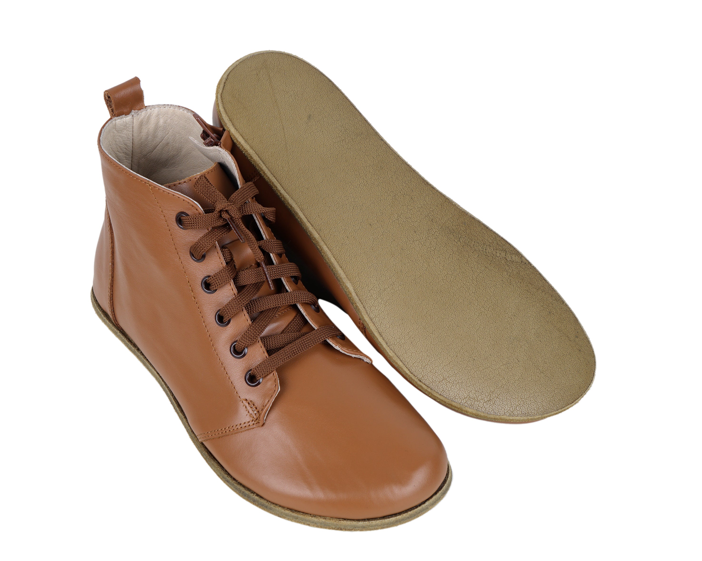 Tan Short Boots Wide Barefoot Smooth Leather Handmade Shoes 