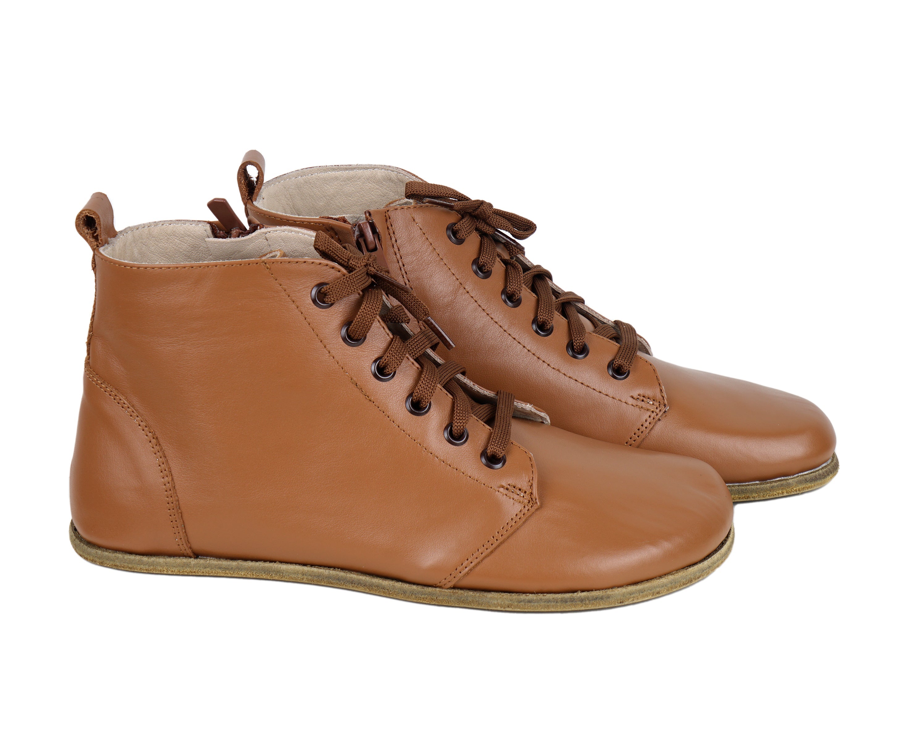 Tan Short Boots Wide Barefoot Smooth Leather Handmade Shoes 