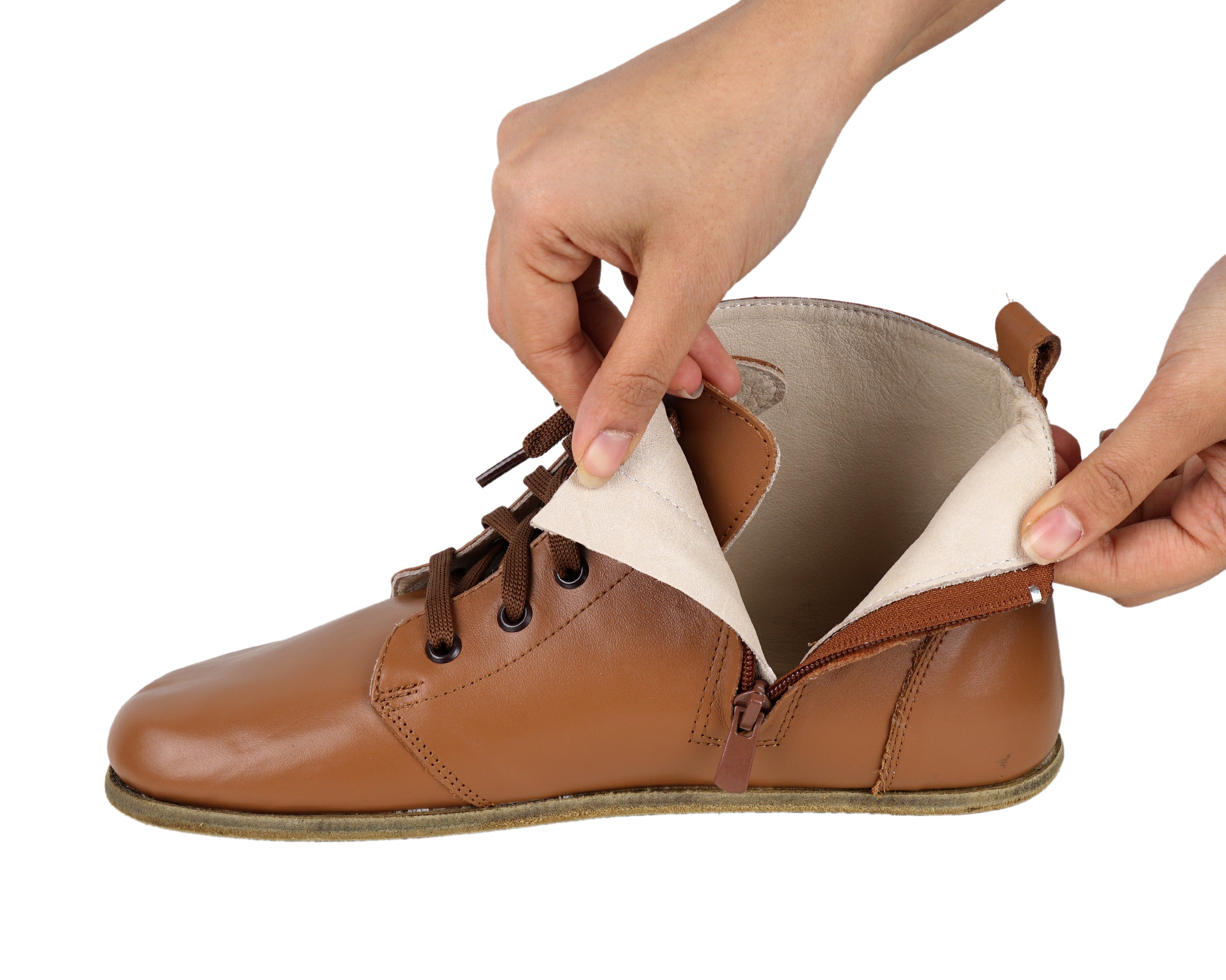 Tan Short Boots Wide Barefoot Smooth Leather Handmade Shoes 