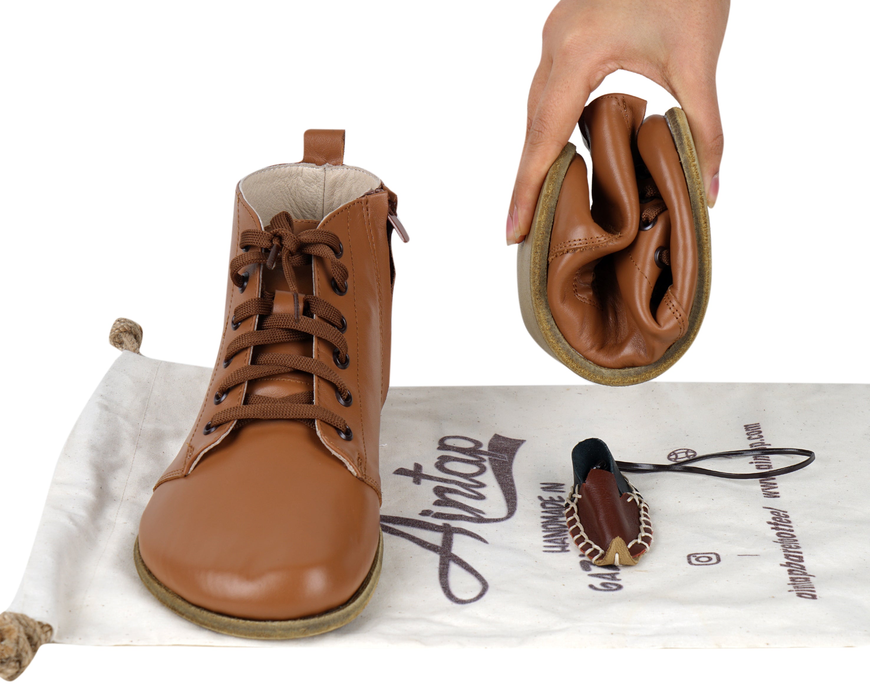 Tan Short Boots Wide Barefoot Smooth Leather Handmade Shoes 