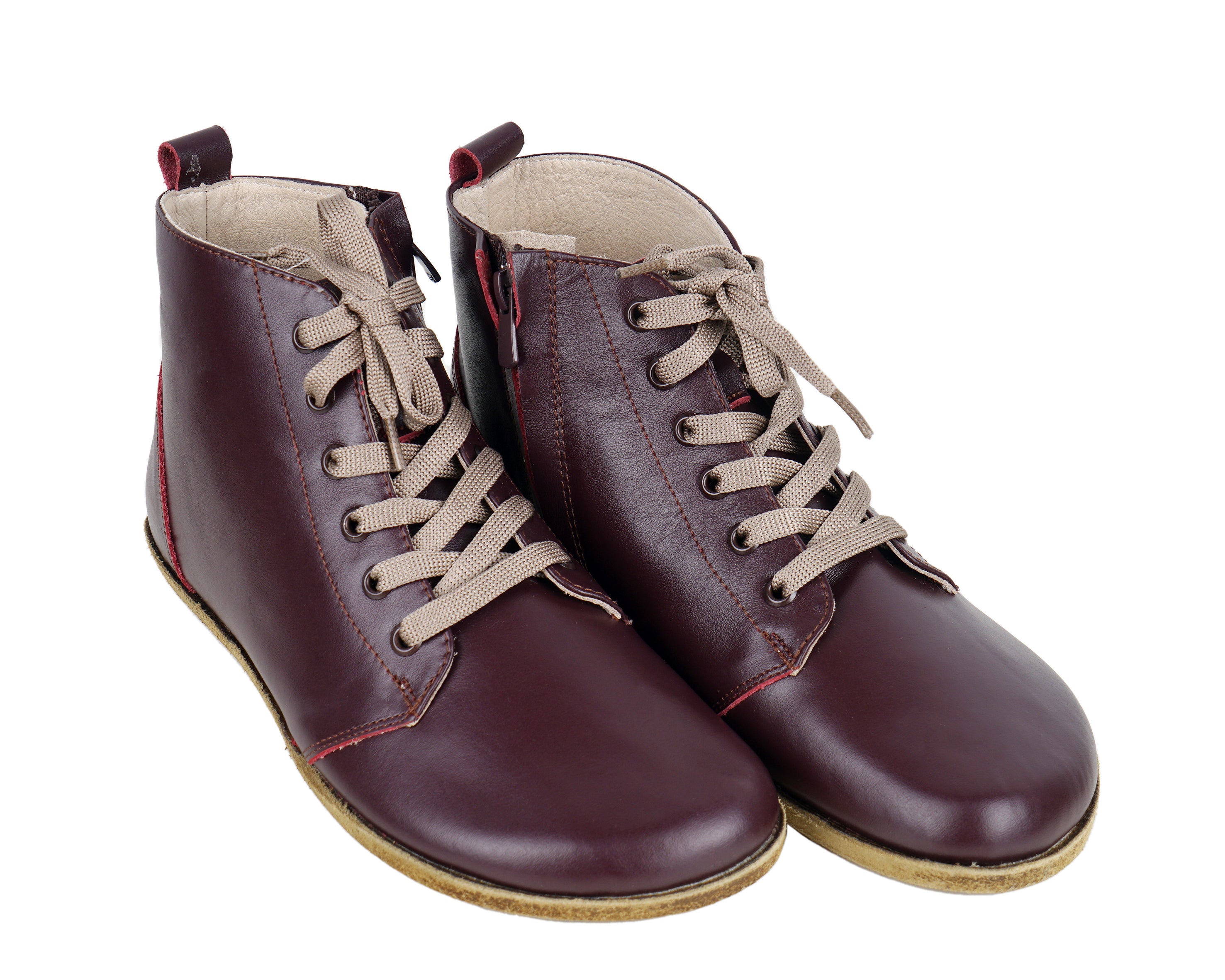 Burgundy Short Boots Wide Barefoot Smooth Leather Handmade Shoes