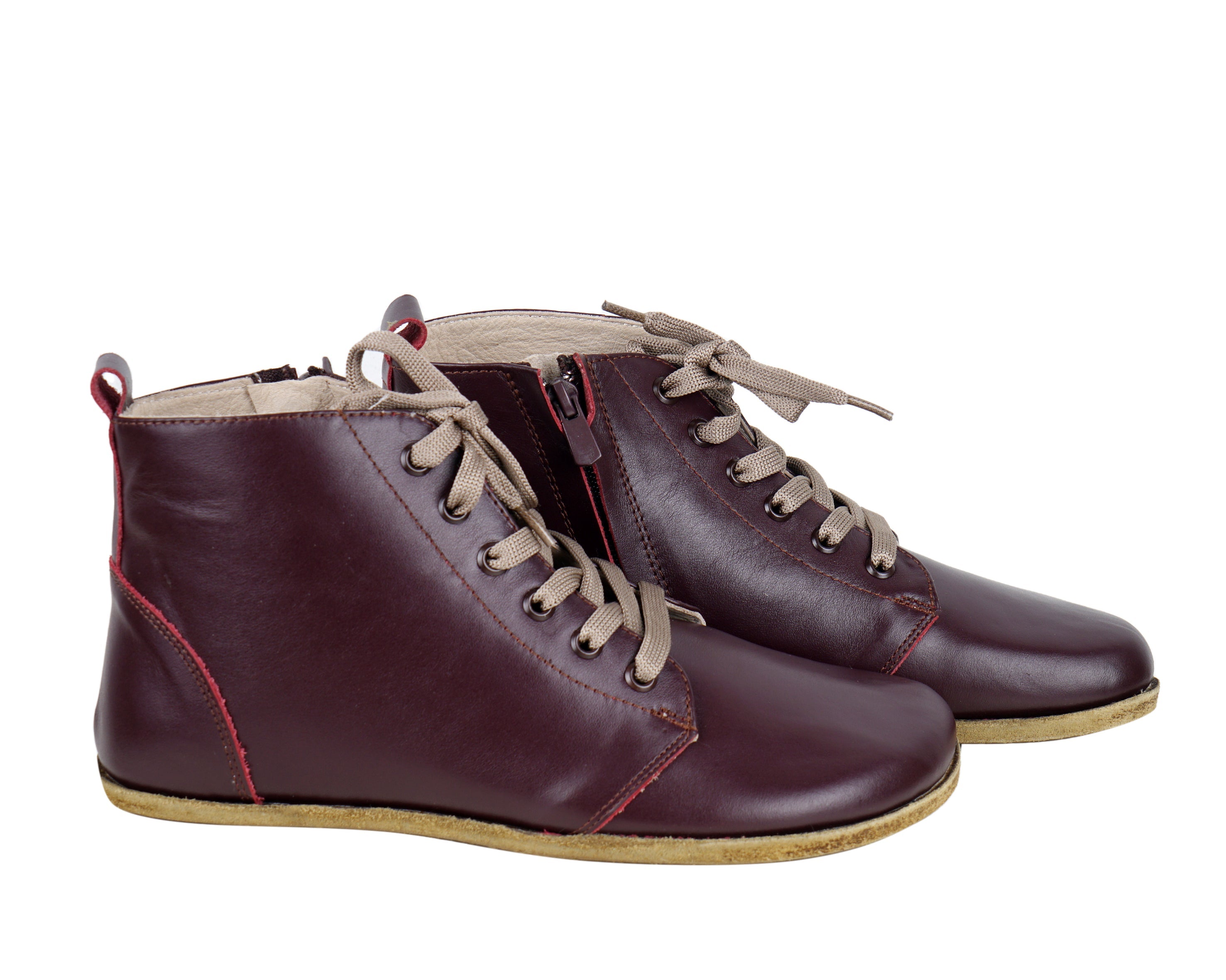 Burgundy Short Boots Wide Barefoot Smooth Leather Handmade Shoes 