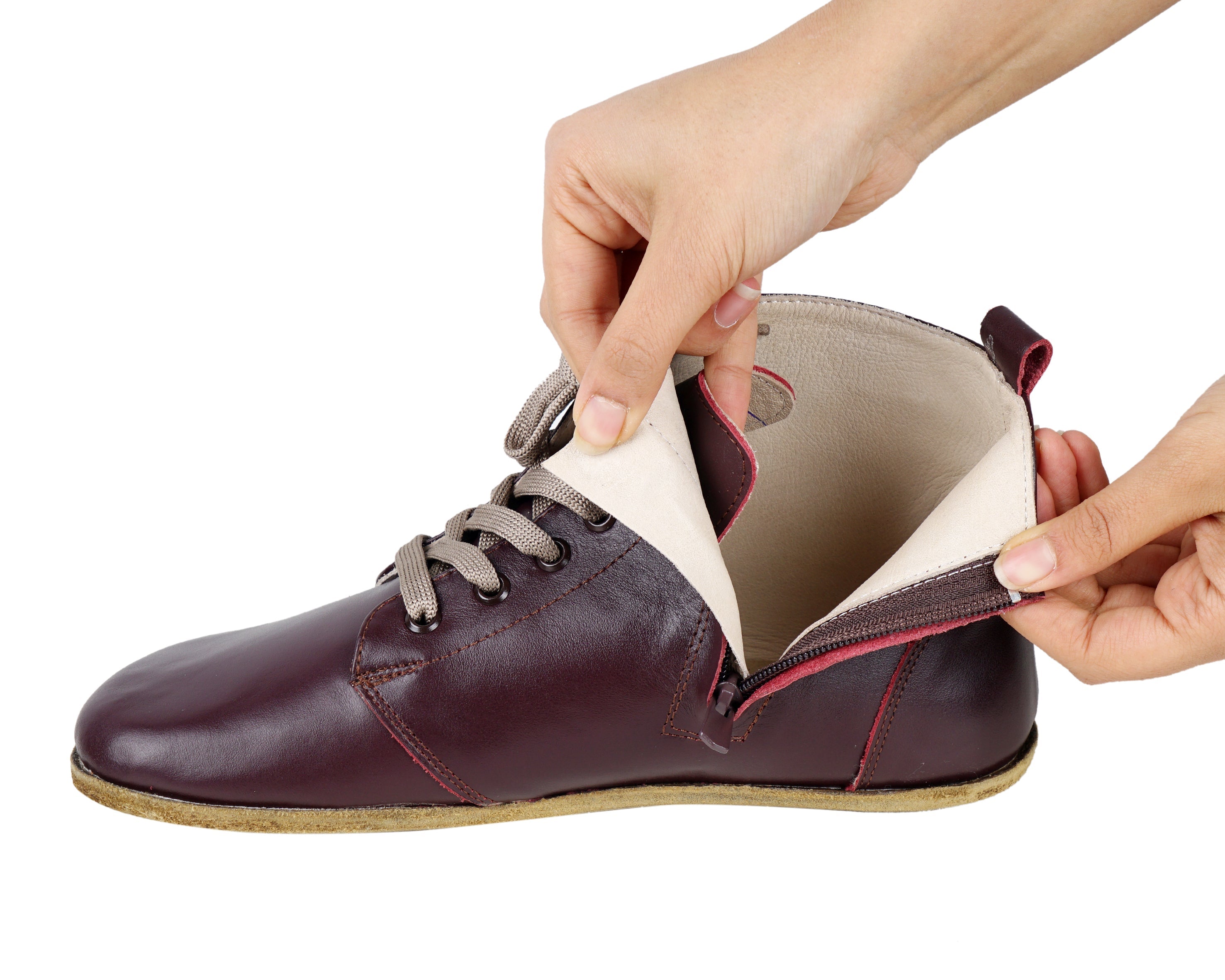 Burgundy Short Boots Wide Barefoot Smooth Leather Handmade Shoes 
