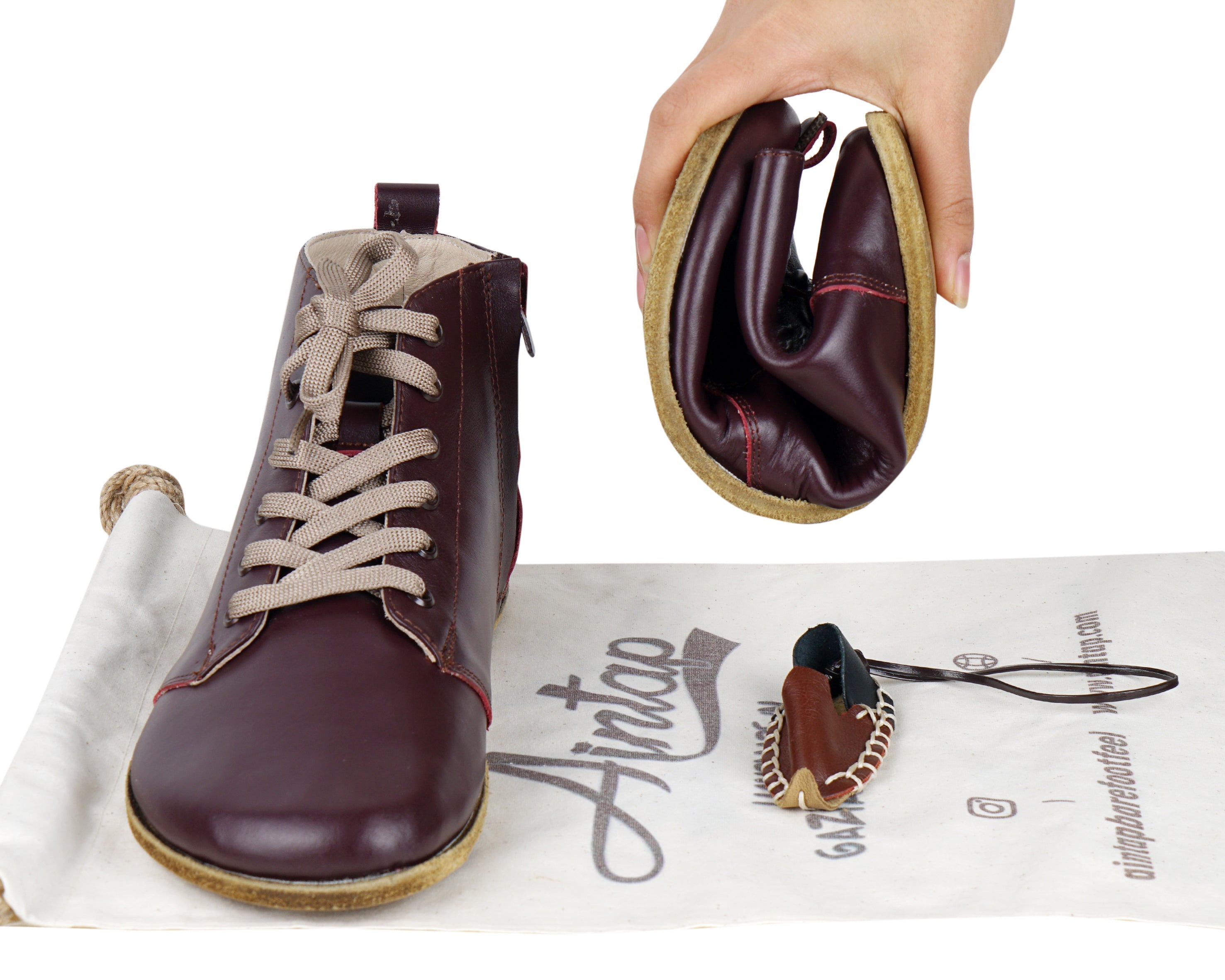 Burgundy Short Boots Wide Barefoot Smooth Leather Handmade Shoes 