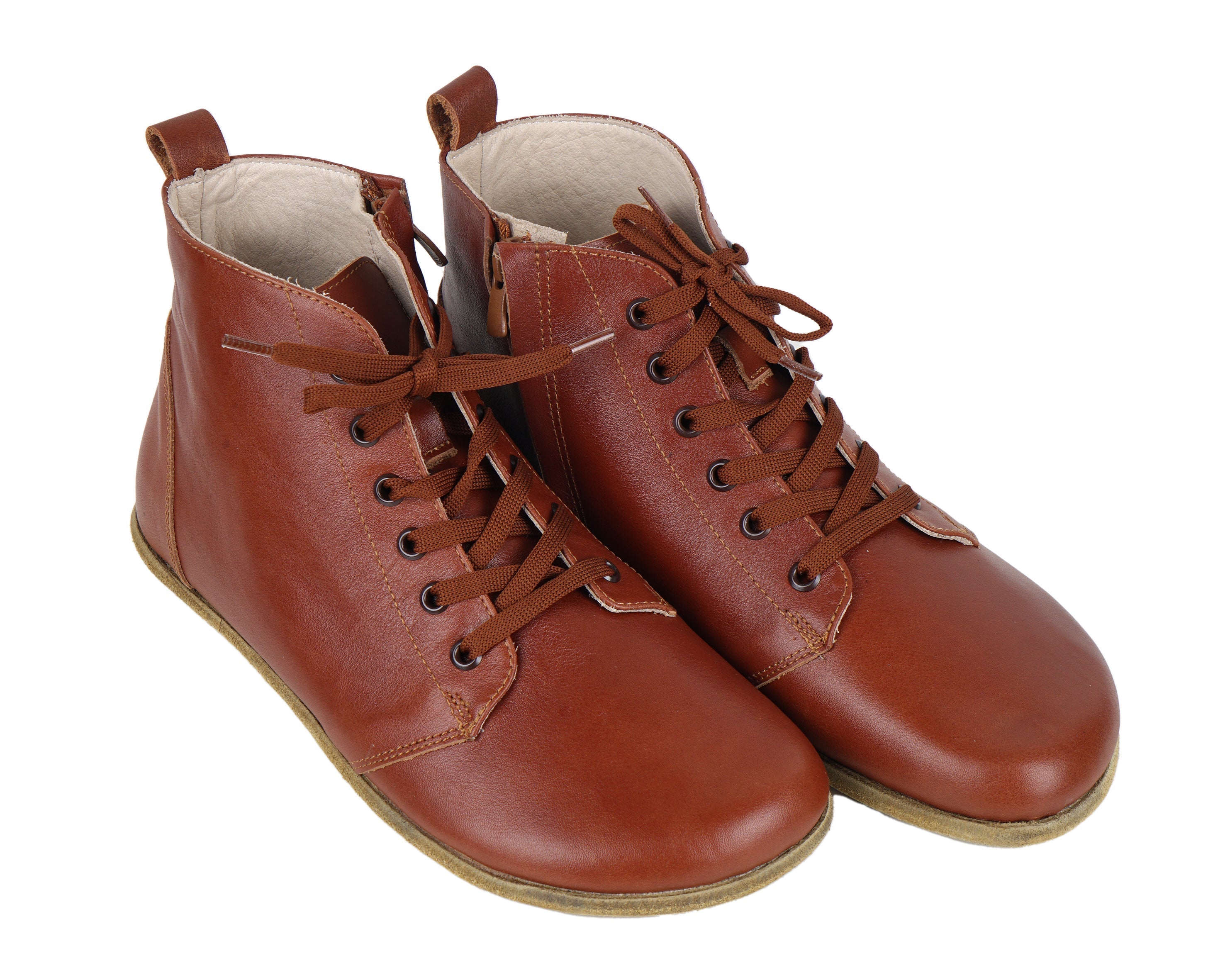 Brown Short Boots Wide Barefoot Smooth Leather Handmade Shoes 
