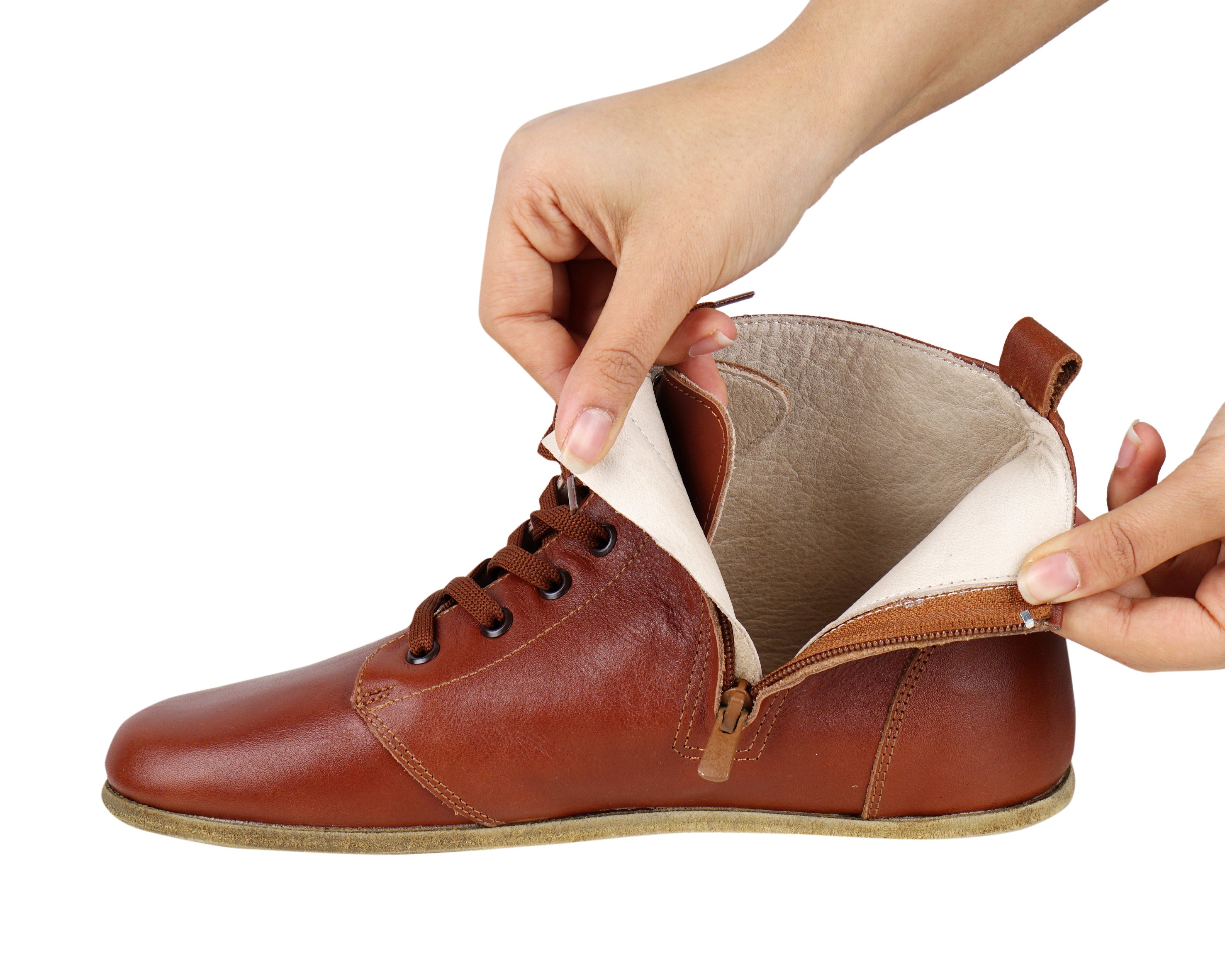 Brown Short Boots Wide Barefoot Smooth Leather Handmade Shoes 