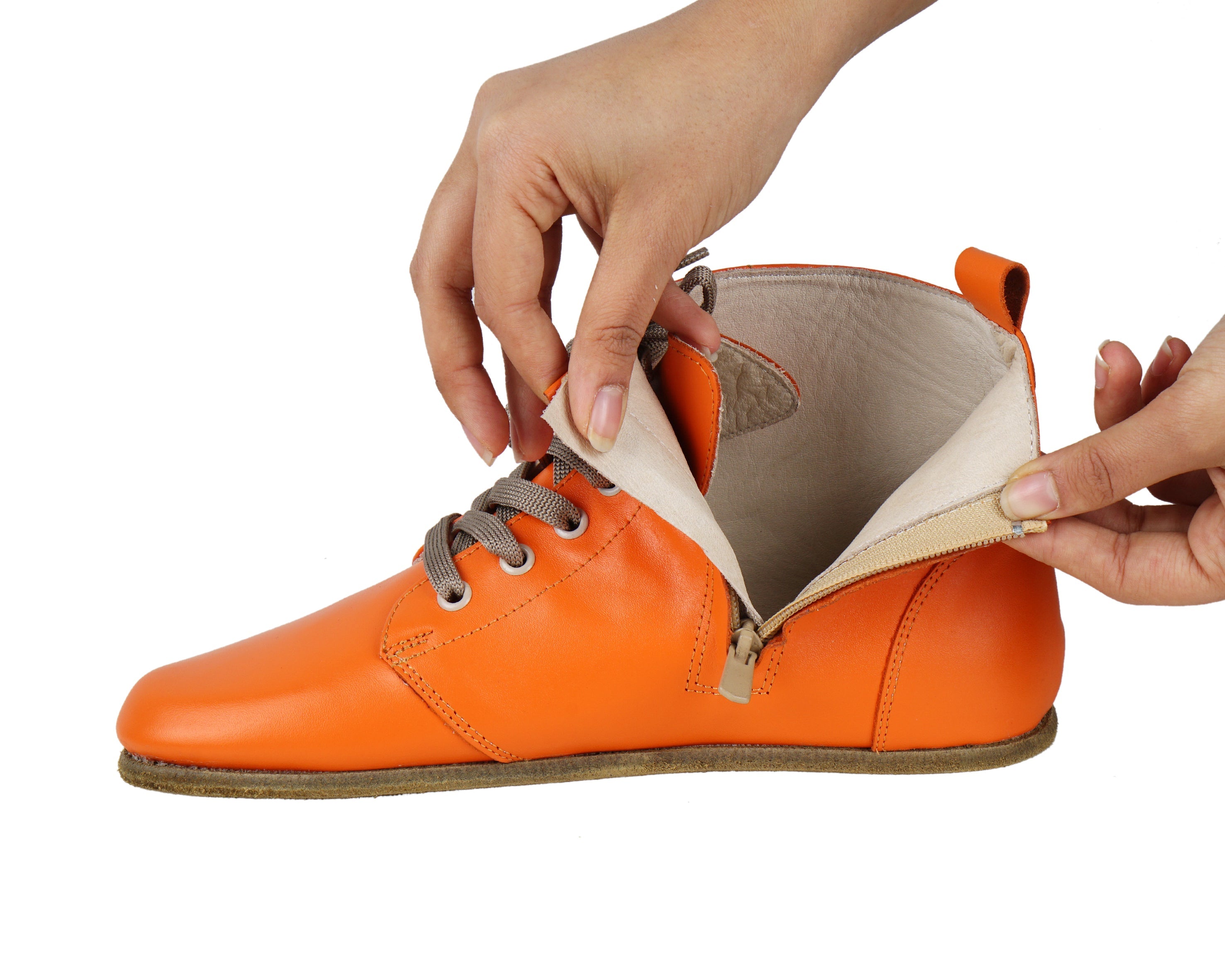 Orange Short Boots Wide Barefoot Smooth Leather Handmade Shoes 