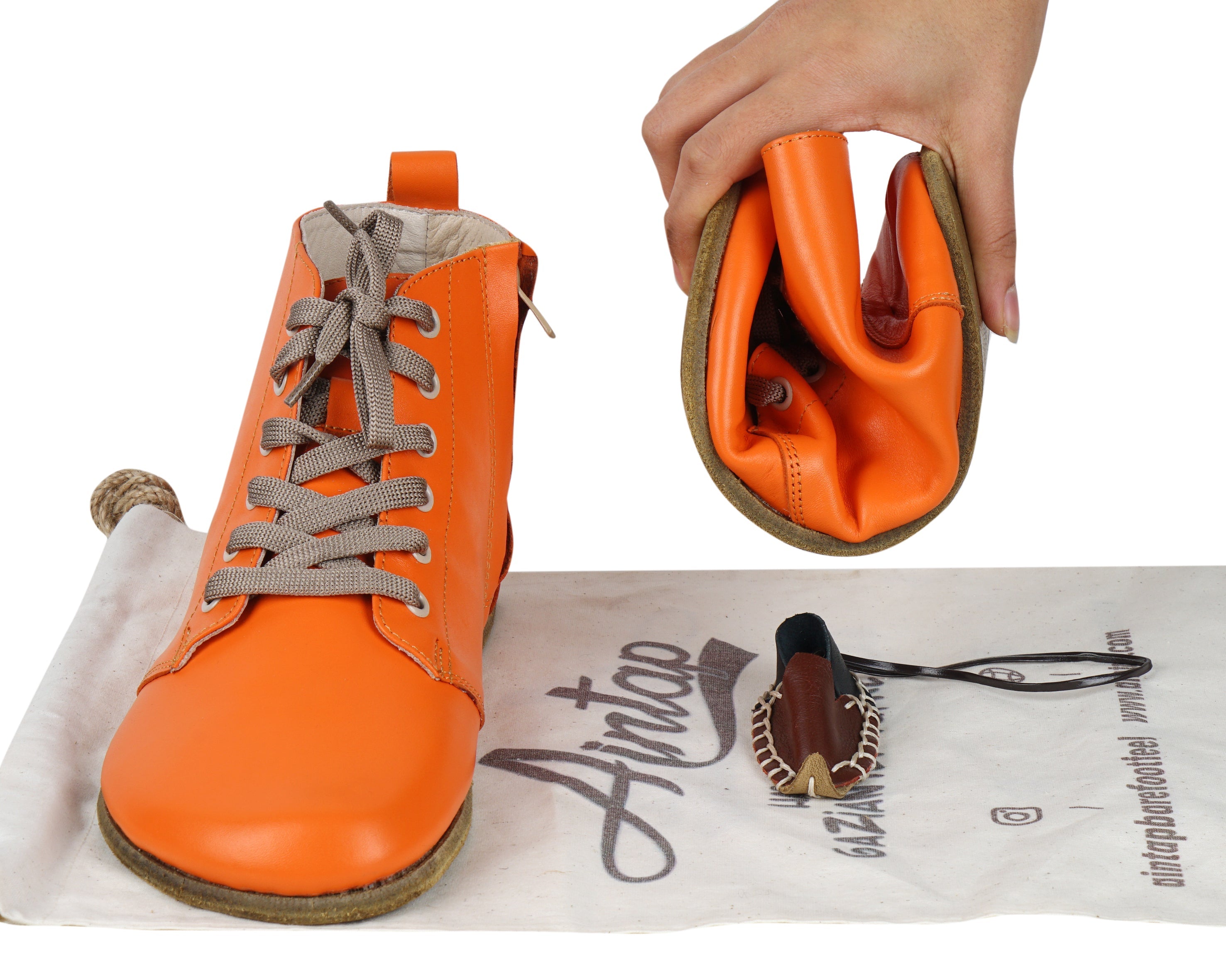 Orange Short Boots Wide Barefoot Smooth Leather Handmade Shoes 