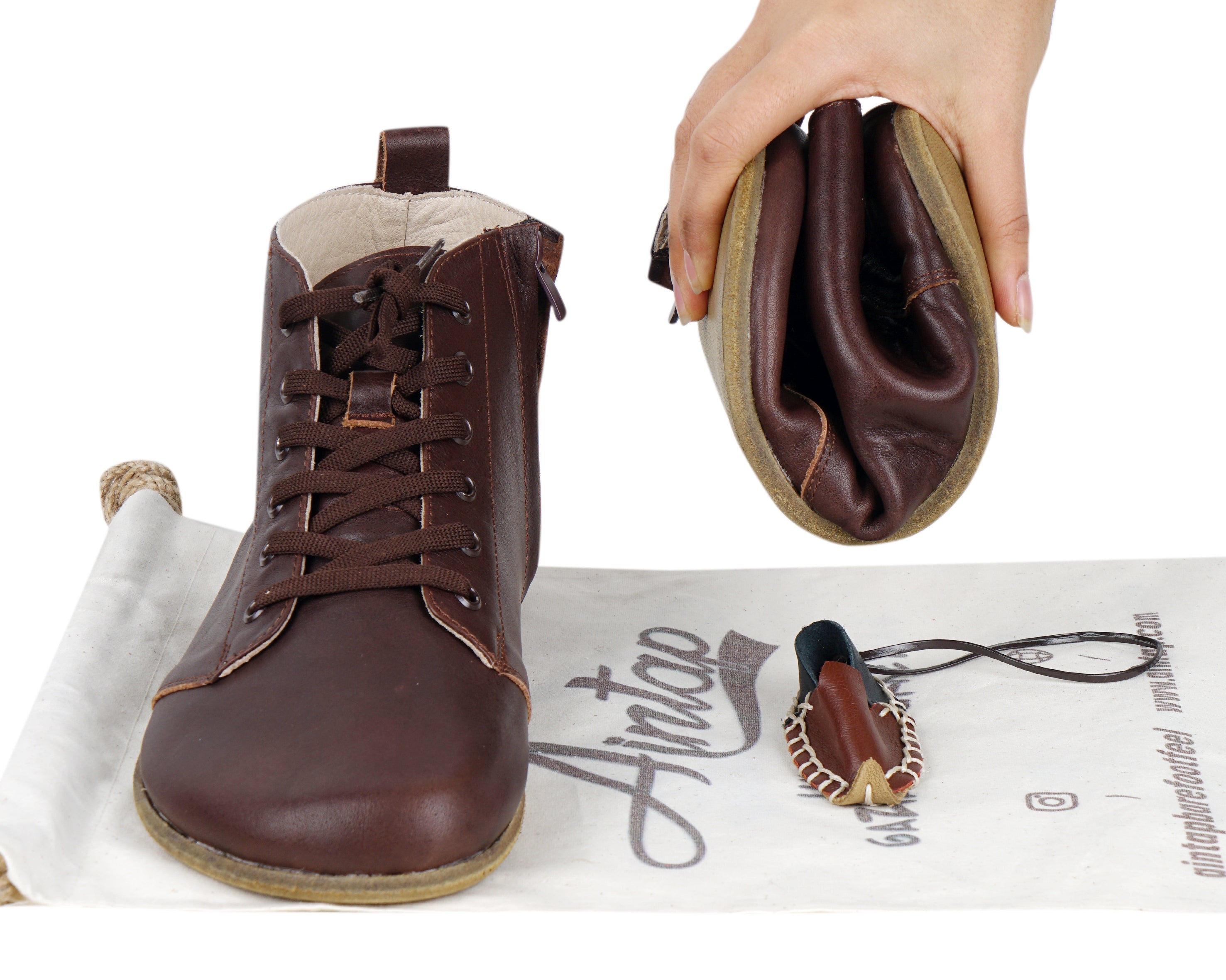 Dark Brown Short Boots Wide Barefoot Smooth Leather Handmade Shoes 