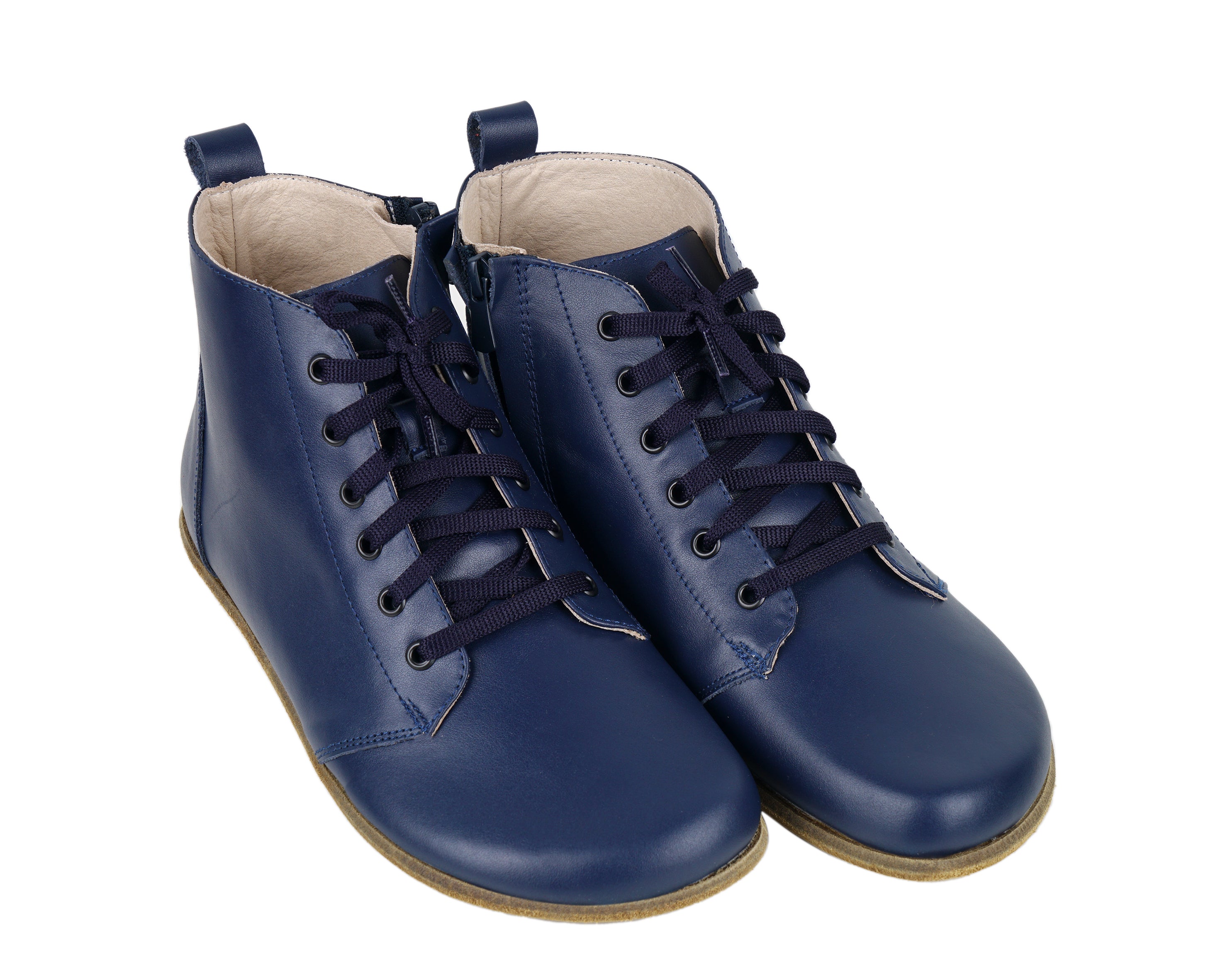 Navy Blue Short Boots Wide Barefoot Smooth Leather Handmade Shoes