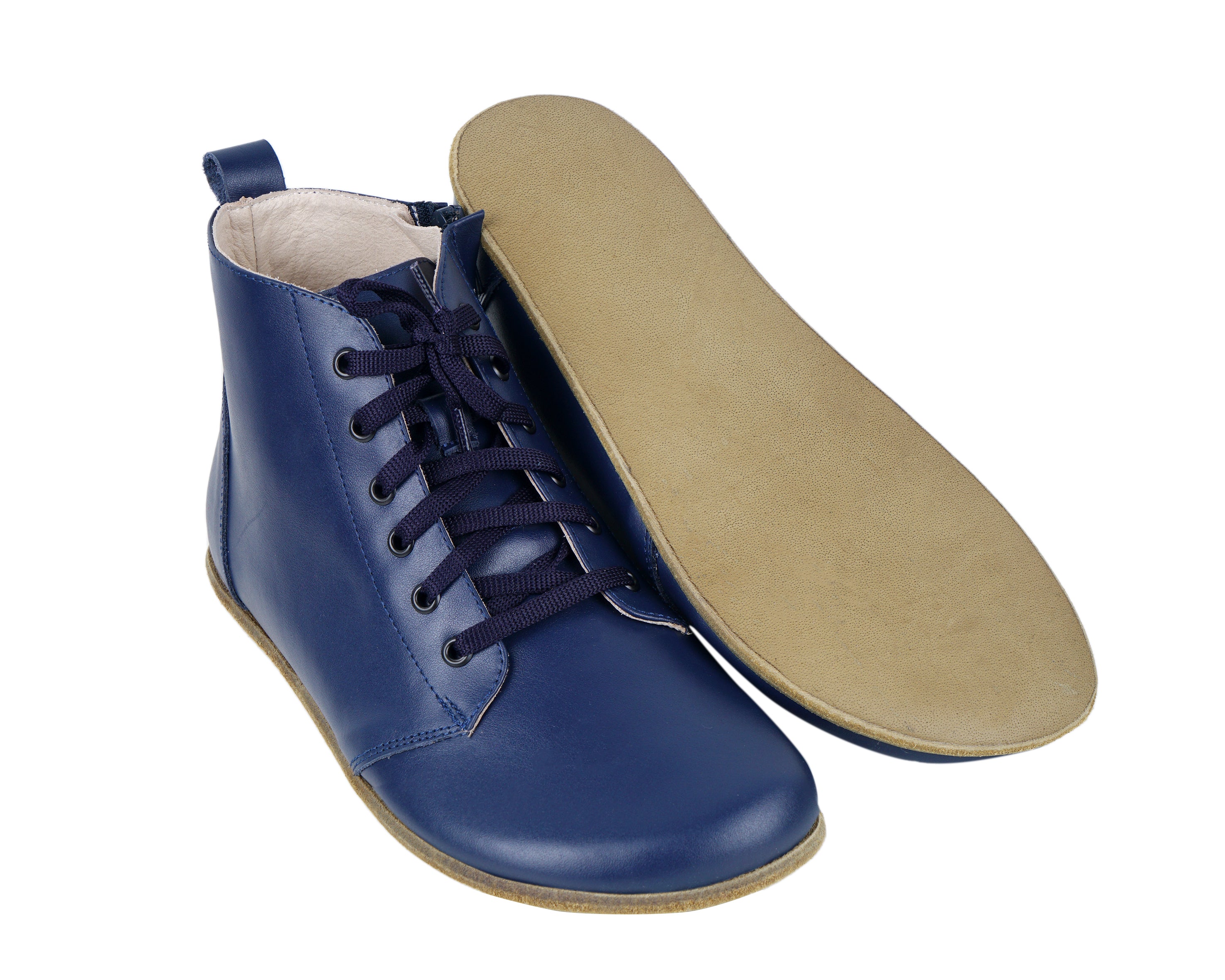 Navy Blue Short Boots Wide Barefoot Smooth Leather Handmade Shoes