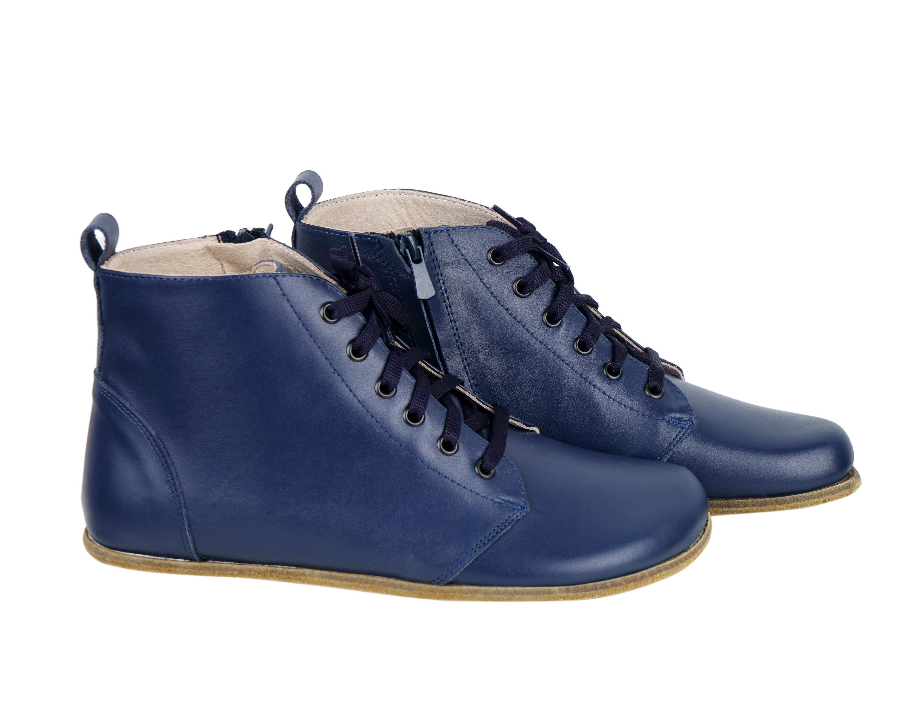 Navy Blue Short Boots Wide Barefoot Smooth Leather Handmade Shoes 