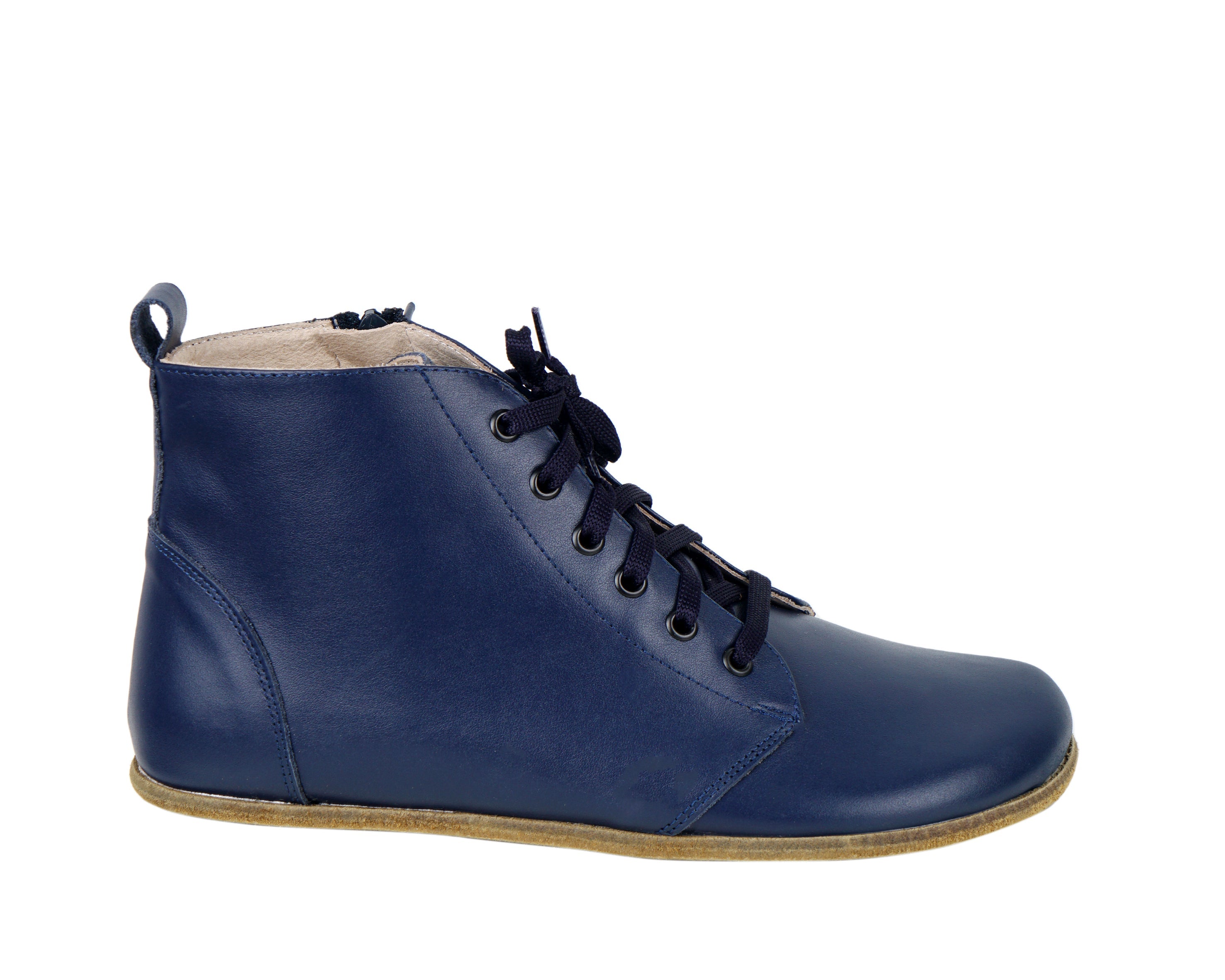 Navy Blue Short Boots Wide Barefoot Smooth Leather Handmade Shoes 