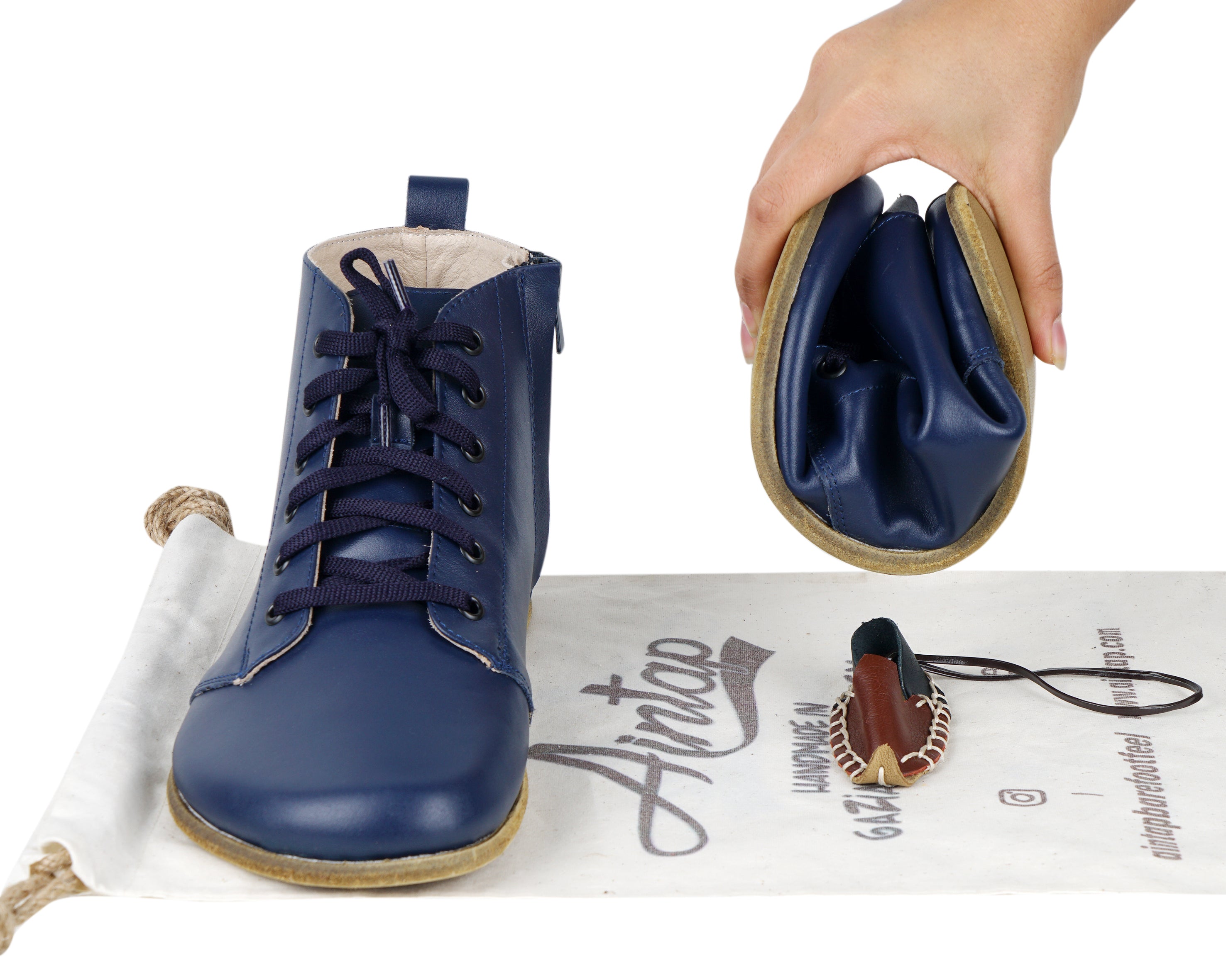 Navy Blue Short Boots Wide Barefoot Smooth Leather Handmade Shoes 