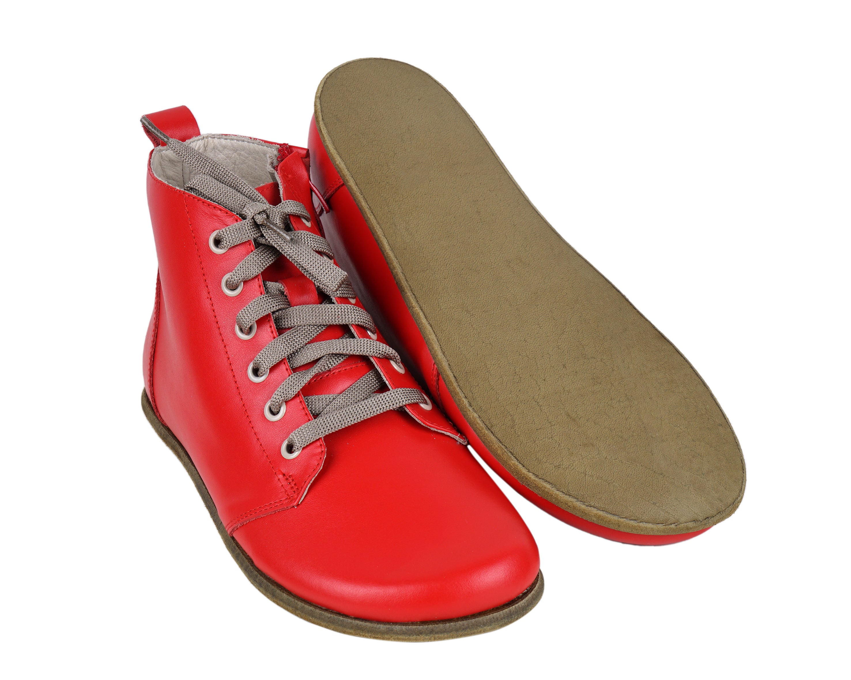 Red Short Boots Wide Barefoot Smooth Leather Handmade Shoes