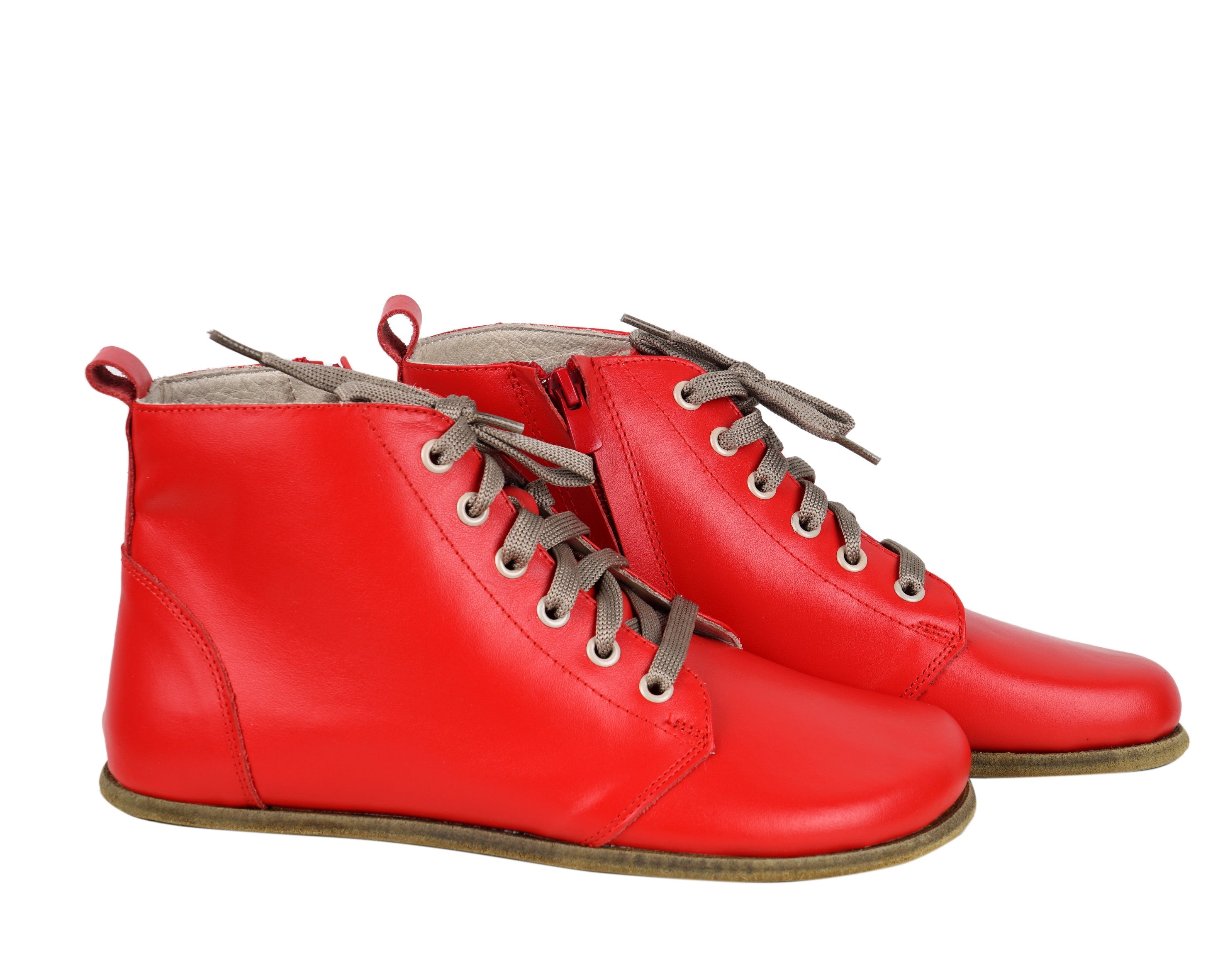 Red Short Boots Wide Barefoot Smooth Leather Handmade Shoes 