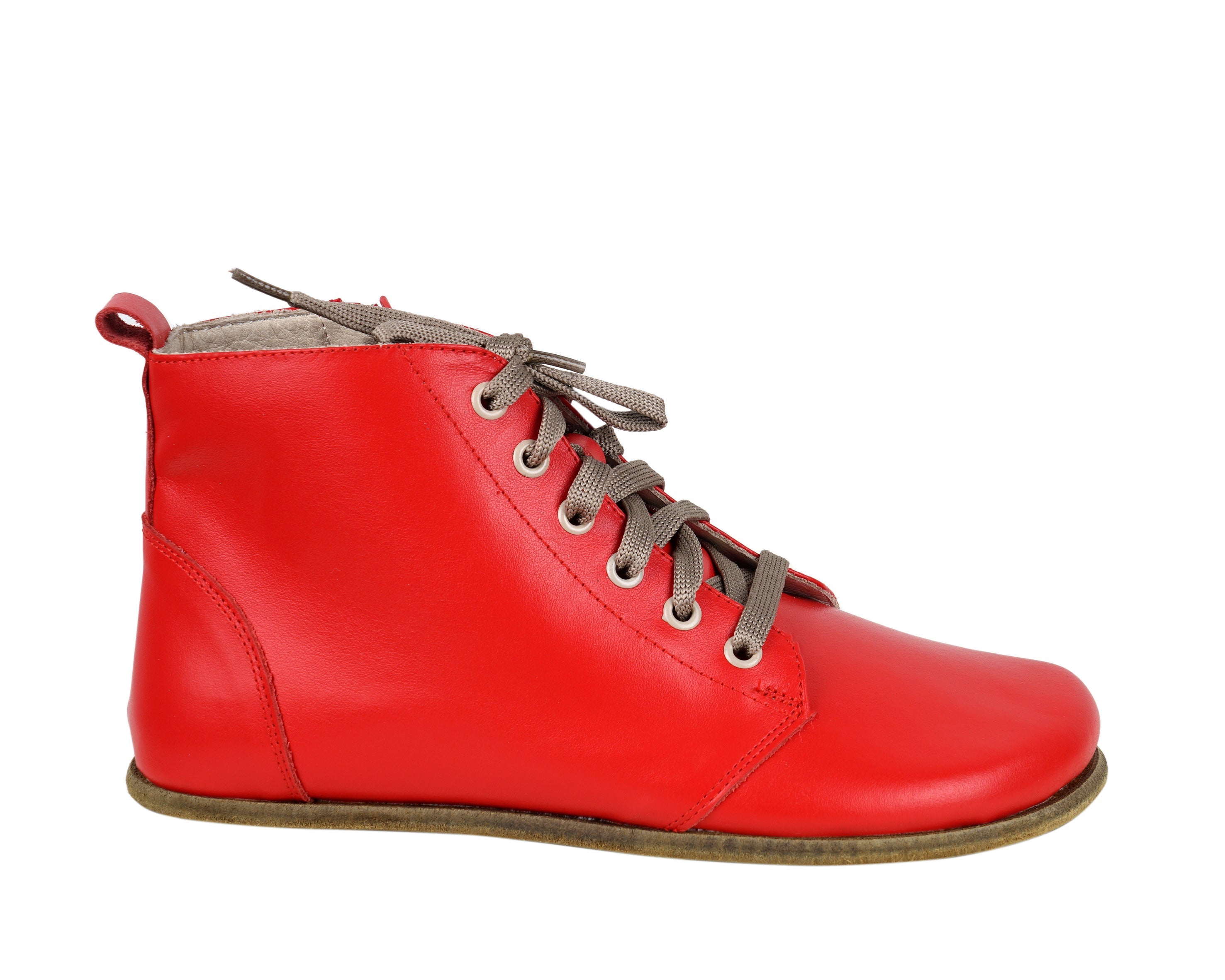 Red Short Boots Wide Barefoot Smooth Leather Handmade Shoes 