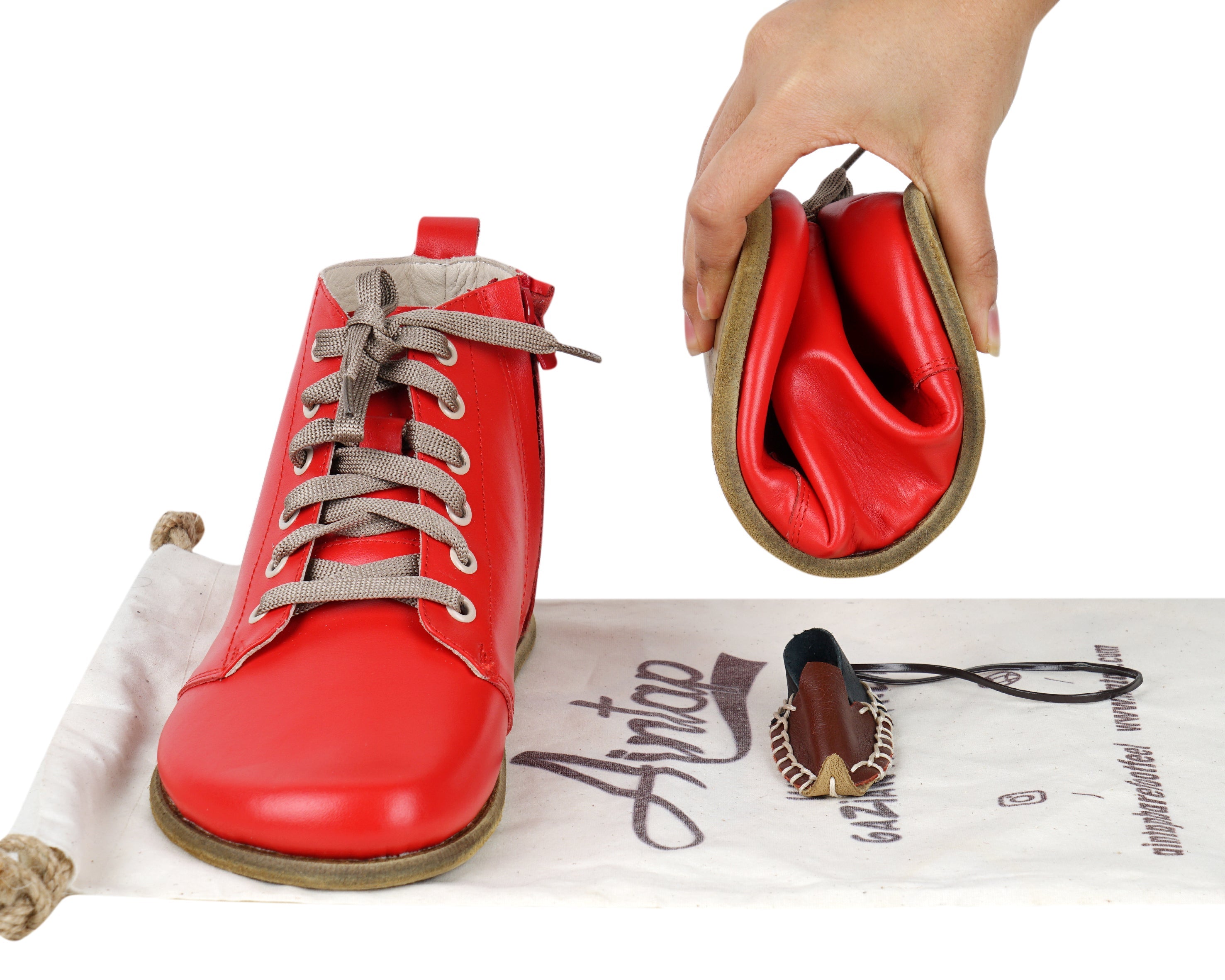 Red Short Boots Wide Barefoot Smooth Leather Handmade Shoes 