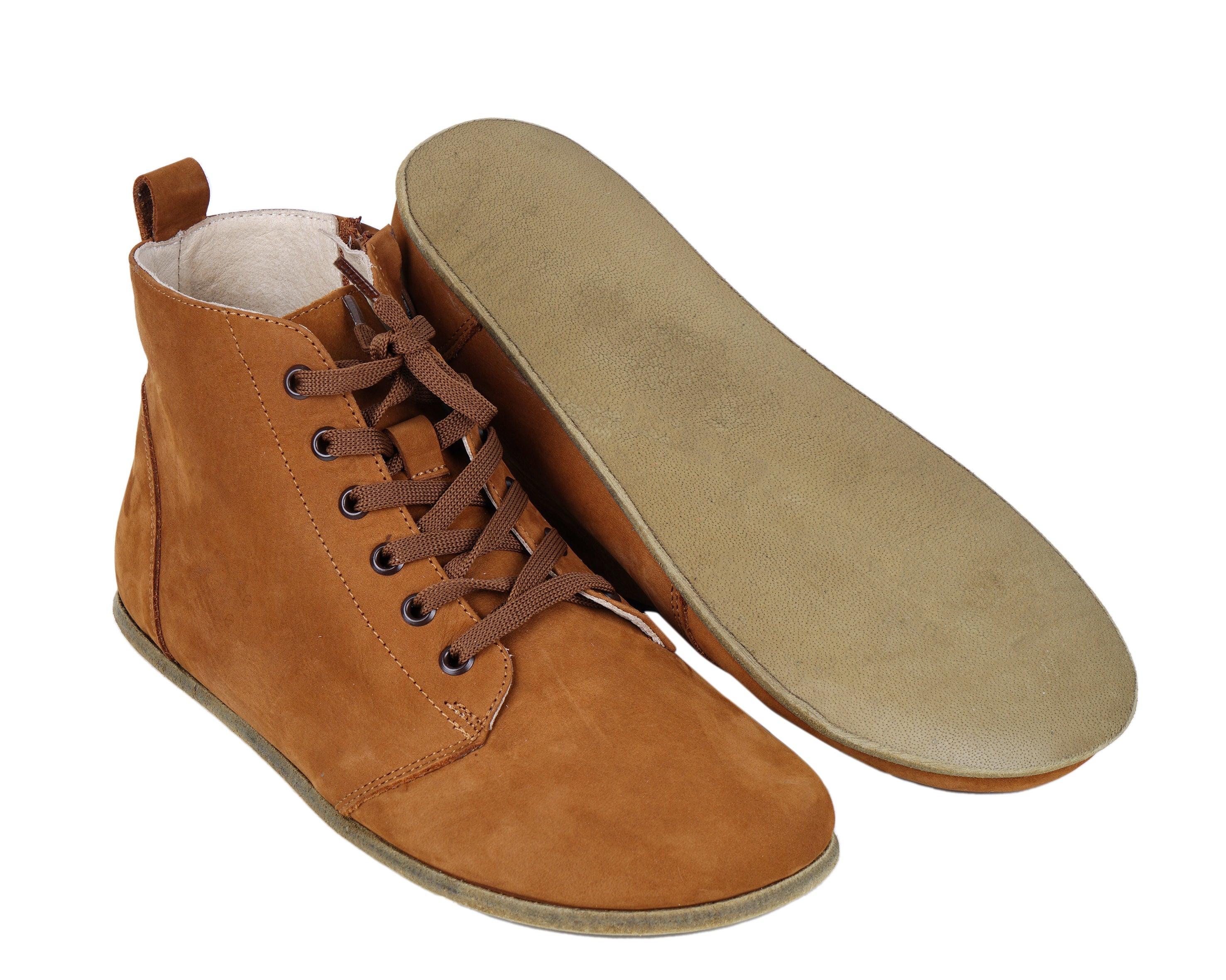 Tan Short Boots Wide Barefoot Nubuck Leather Handmade Shoes 