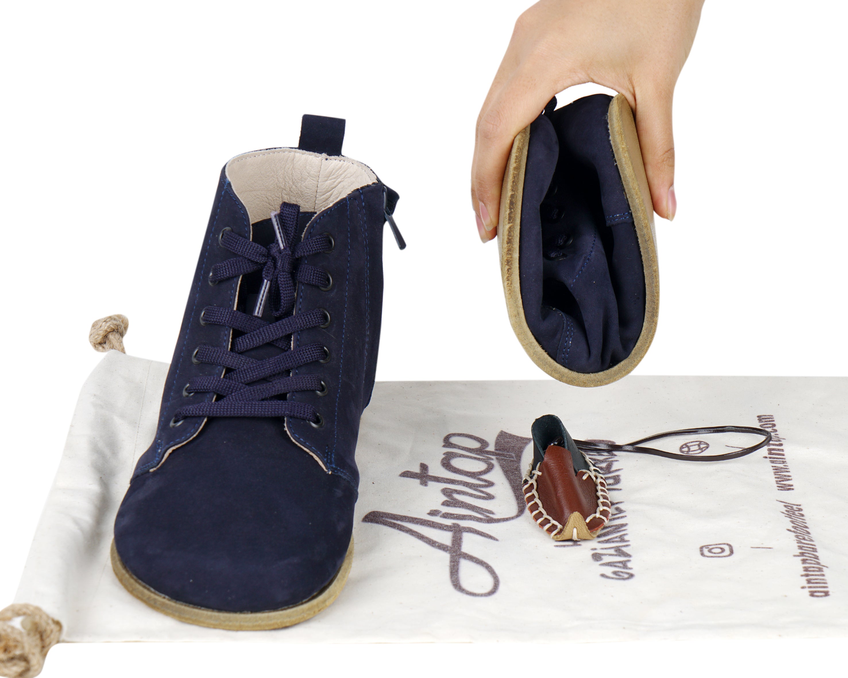 Navy Blue Short Boots Wide Barefoot Nubuck Leather Handmade Shoesl