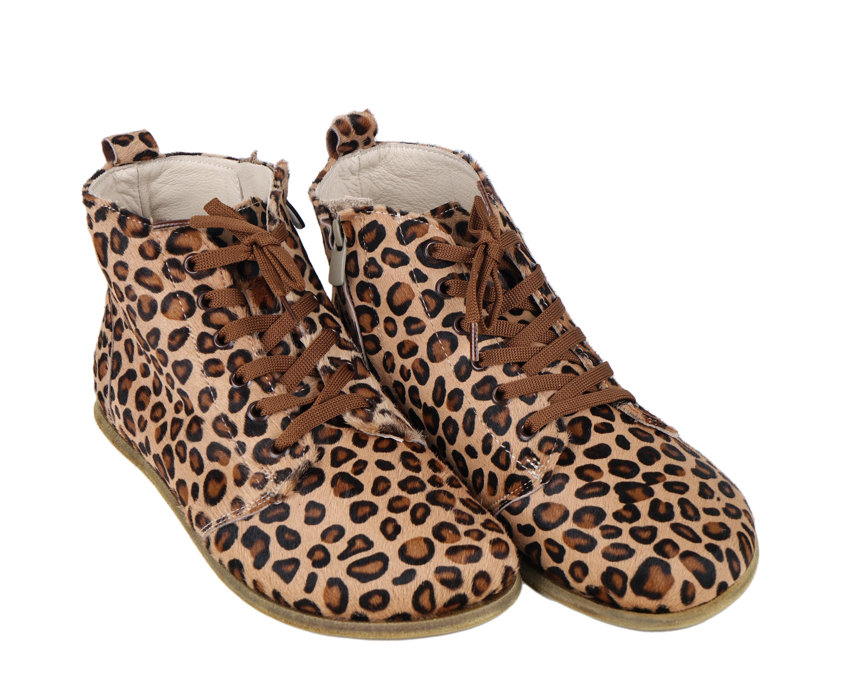 Leopard Short Boots Wide Barefoot Smooth Leather Handmade Shoes 