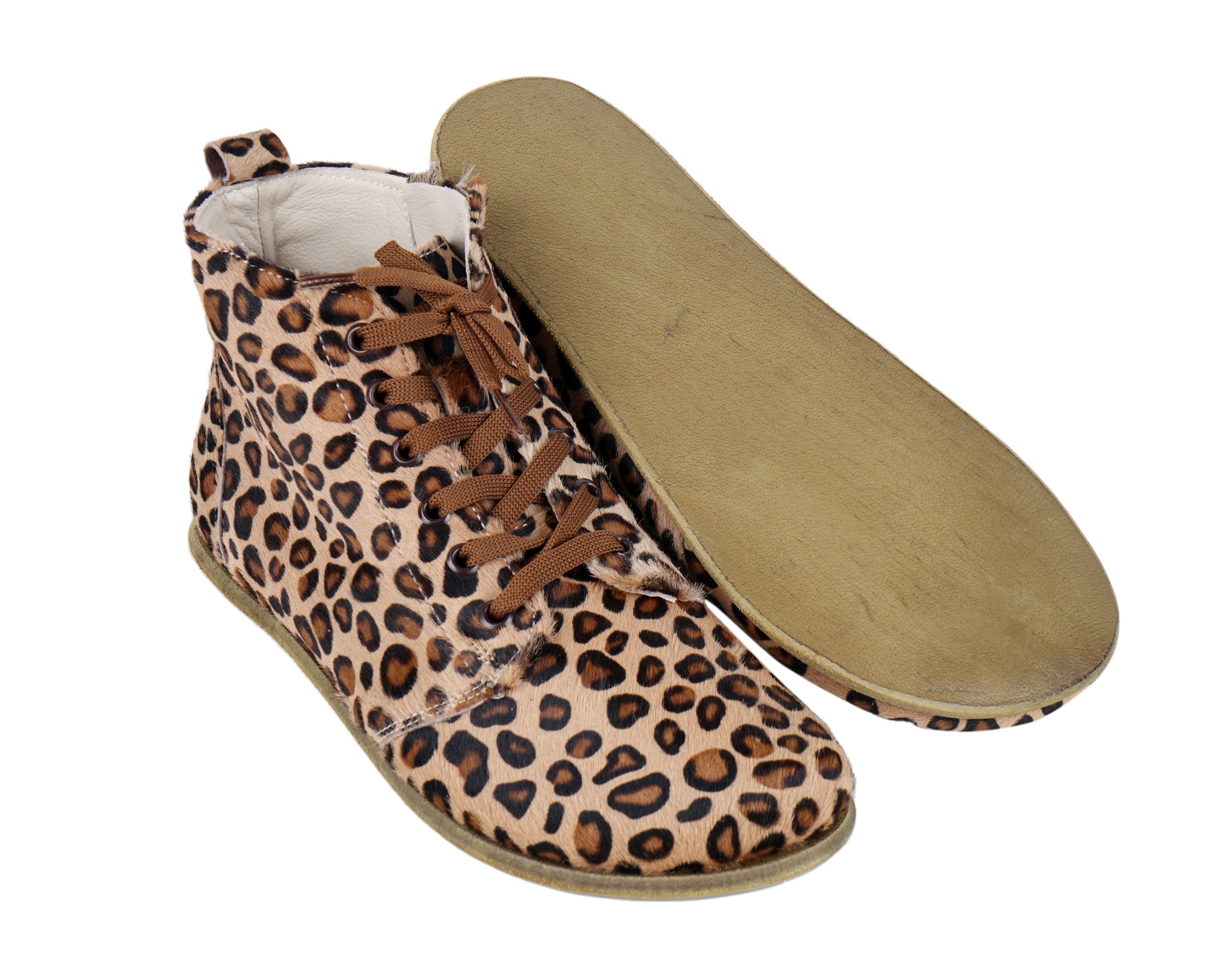 Leopard Short Boots Wide Barefoot Smooth Leather Handmade Shoes 