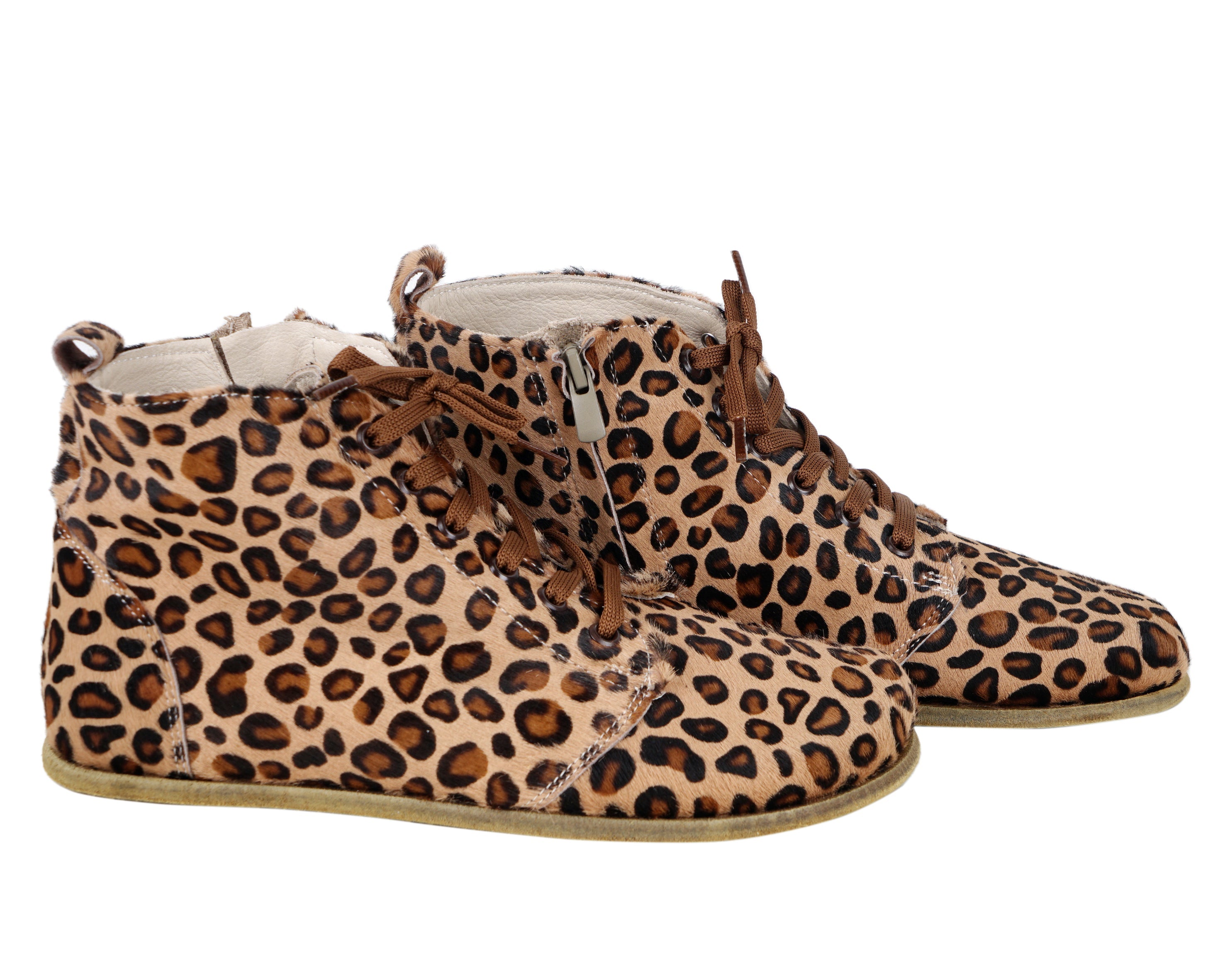 Leopard Short Boots Wide Barefoot Smooth Leather Handmade Shoes 