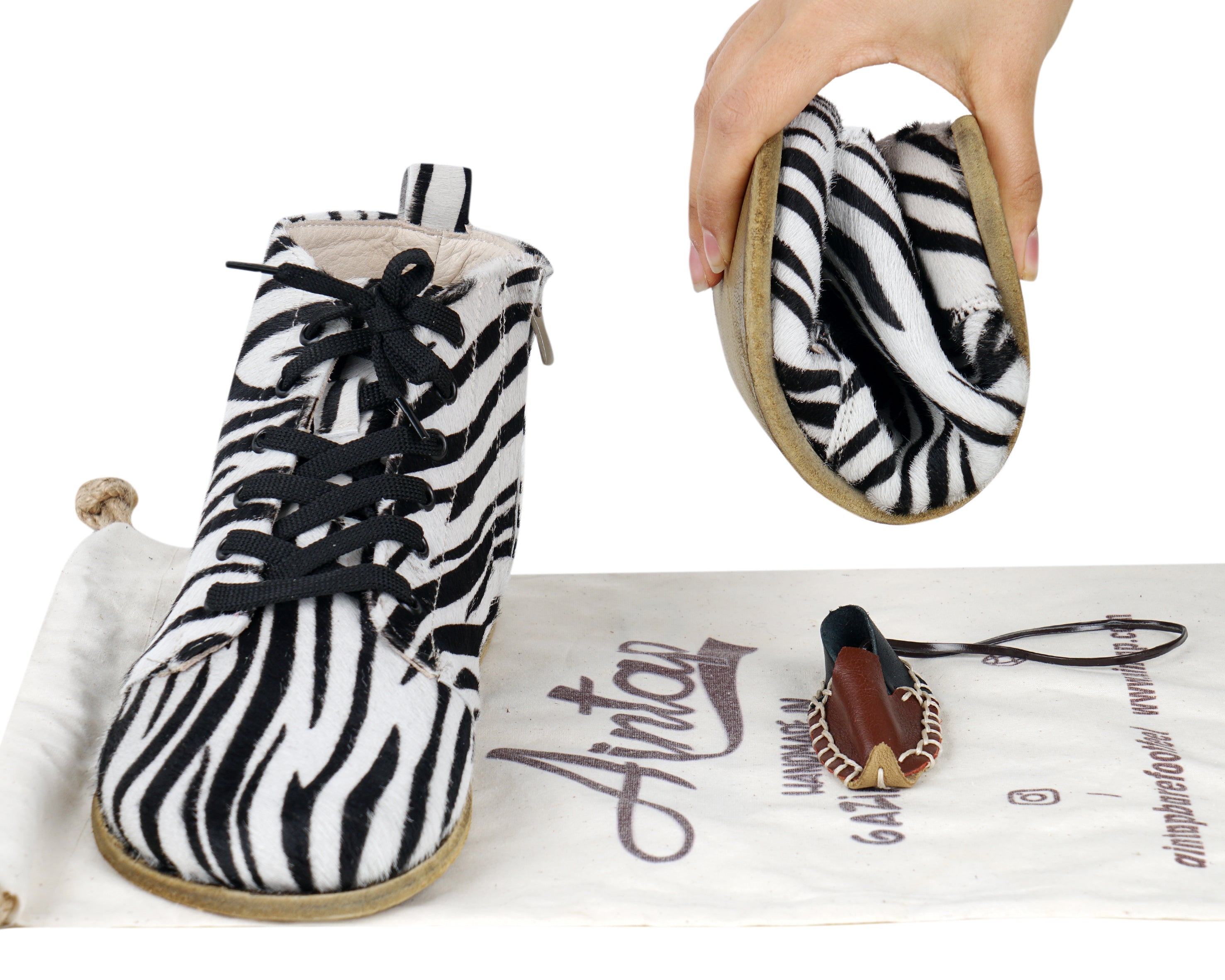 Zebra Short Boots Wide Barefoot Smooth Leather Handmade Shoes 