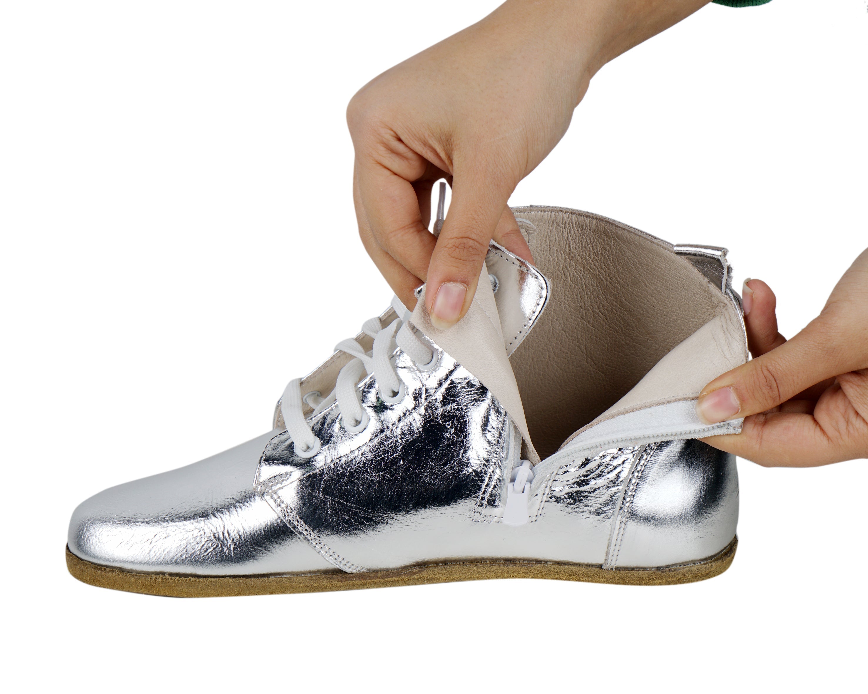 Silver Short Boots Wide Barefoot Smooth Leather Handmade Shoes 