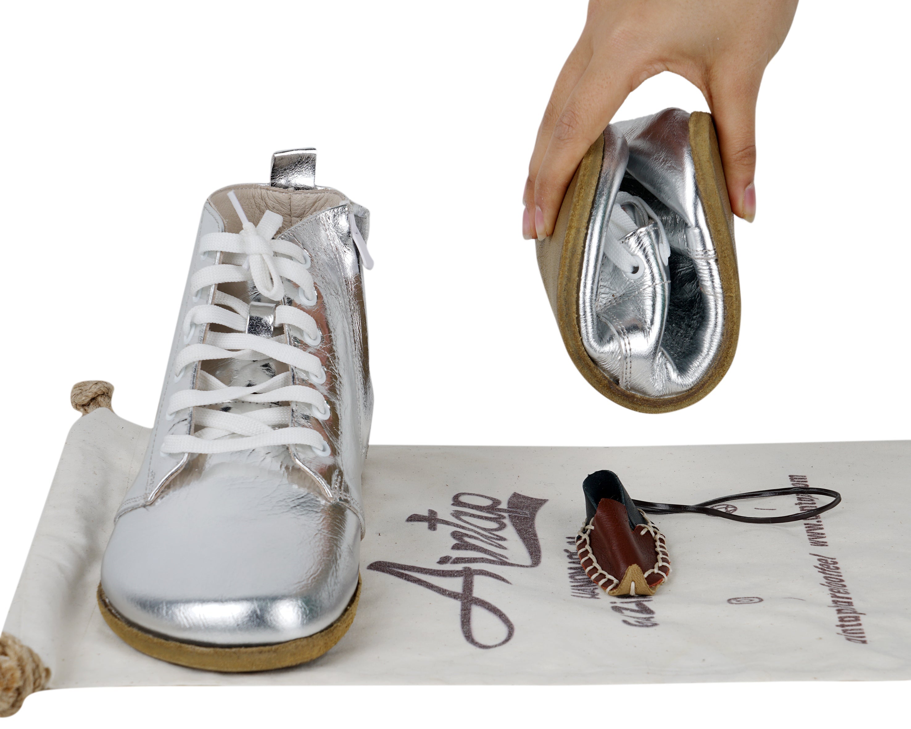 Silver Short Boots Wide Barefoot Smooth Leather Handmade Shoes 