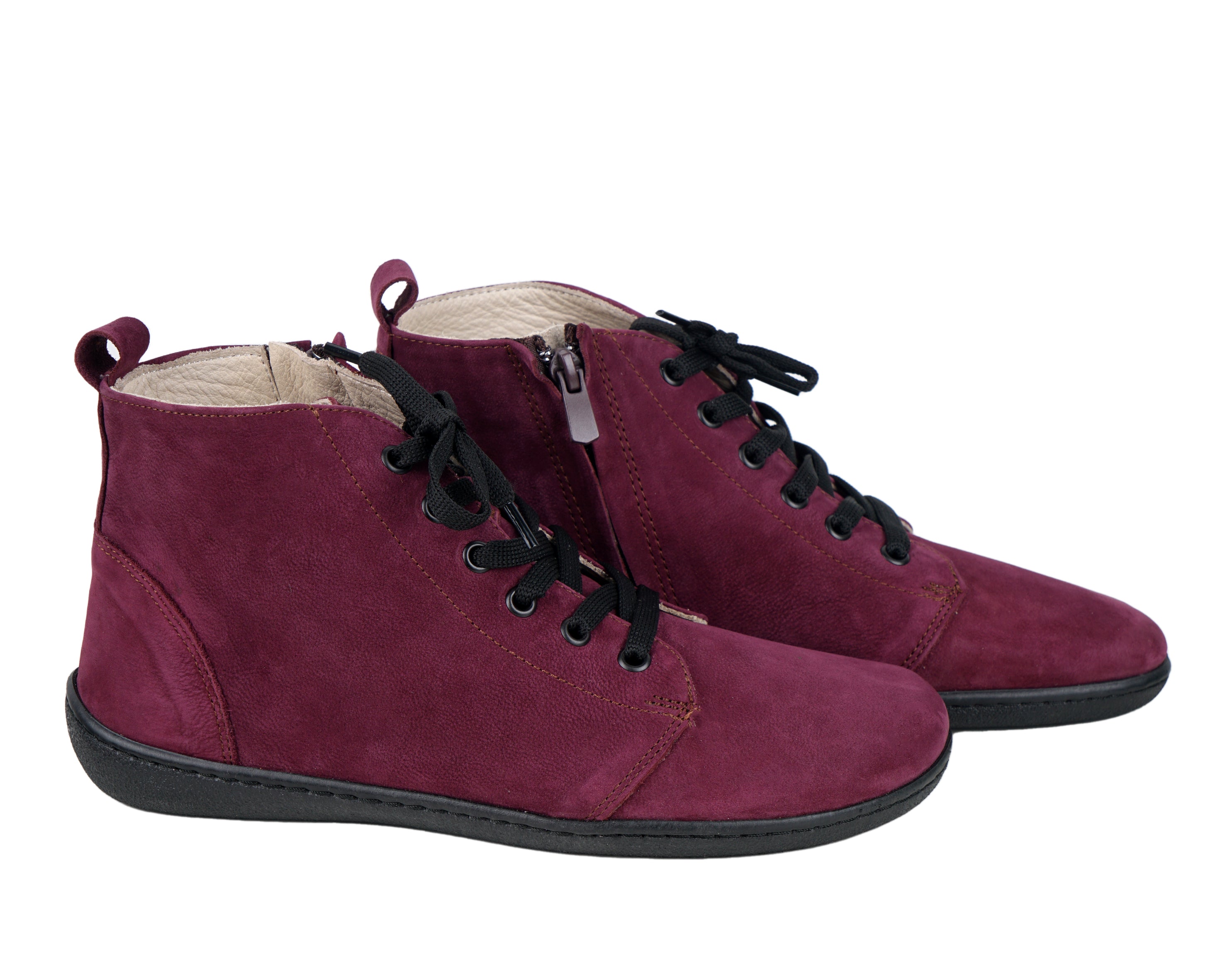 Burgundy Short Boots Wide Barefoot Shoes Nubuck Leather Handmade Rubber Outsole 